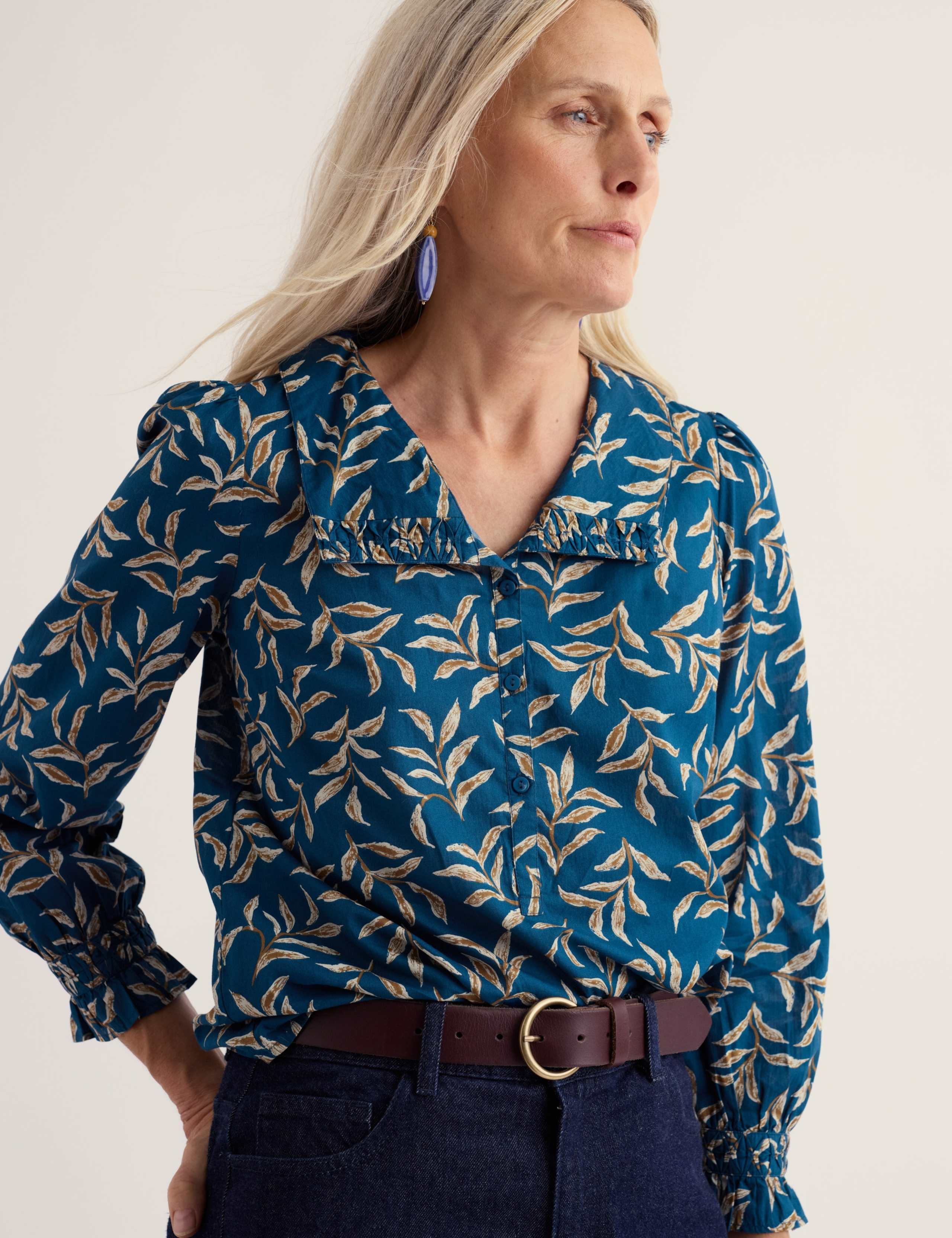 Pure Cotton Printed Collared Gathered Blouse 3 of 5