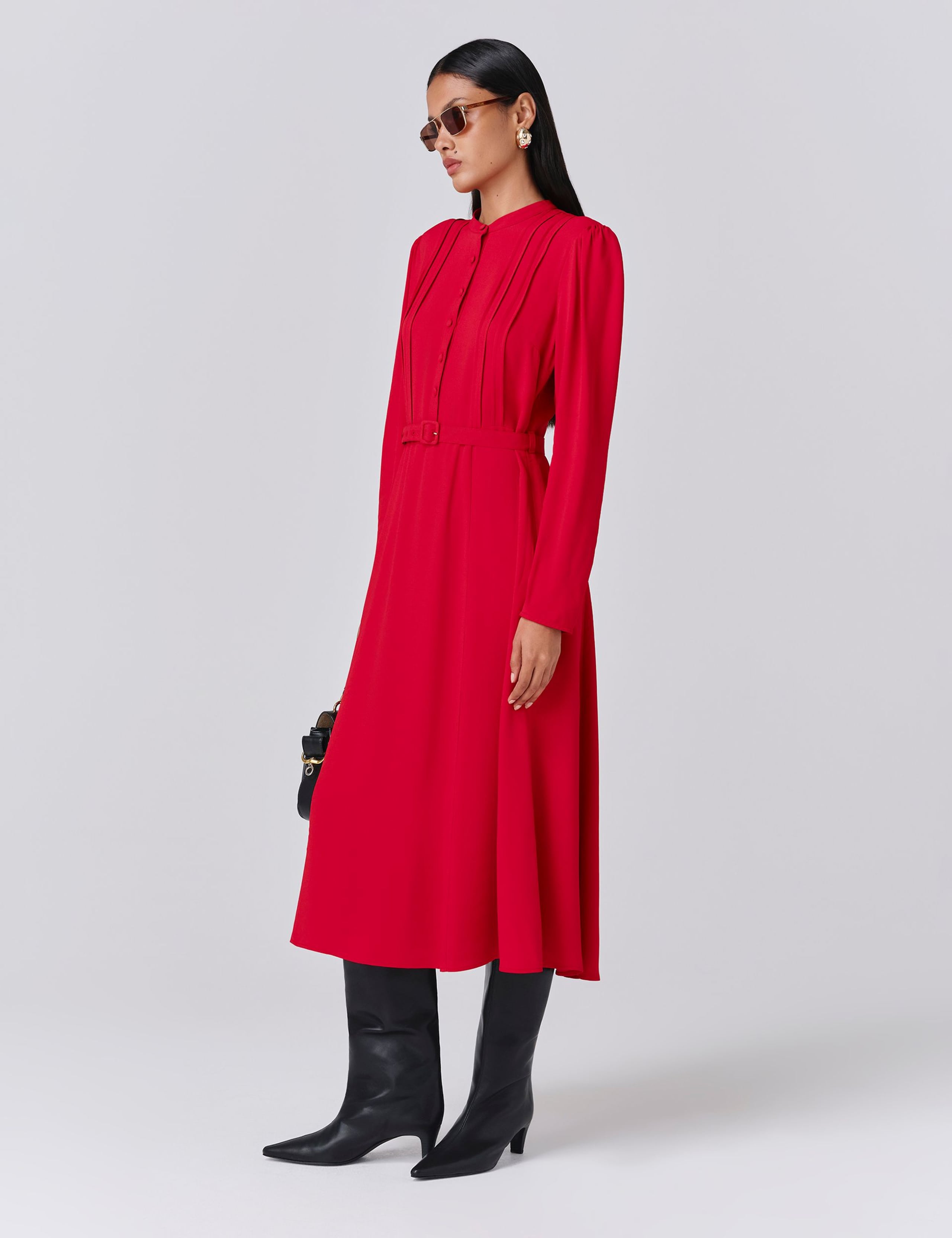 Crepe Pintuck Button Front Midi Waisted Dress 2 of 5