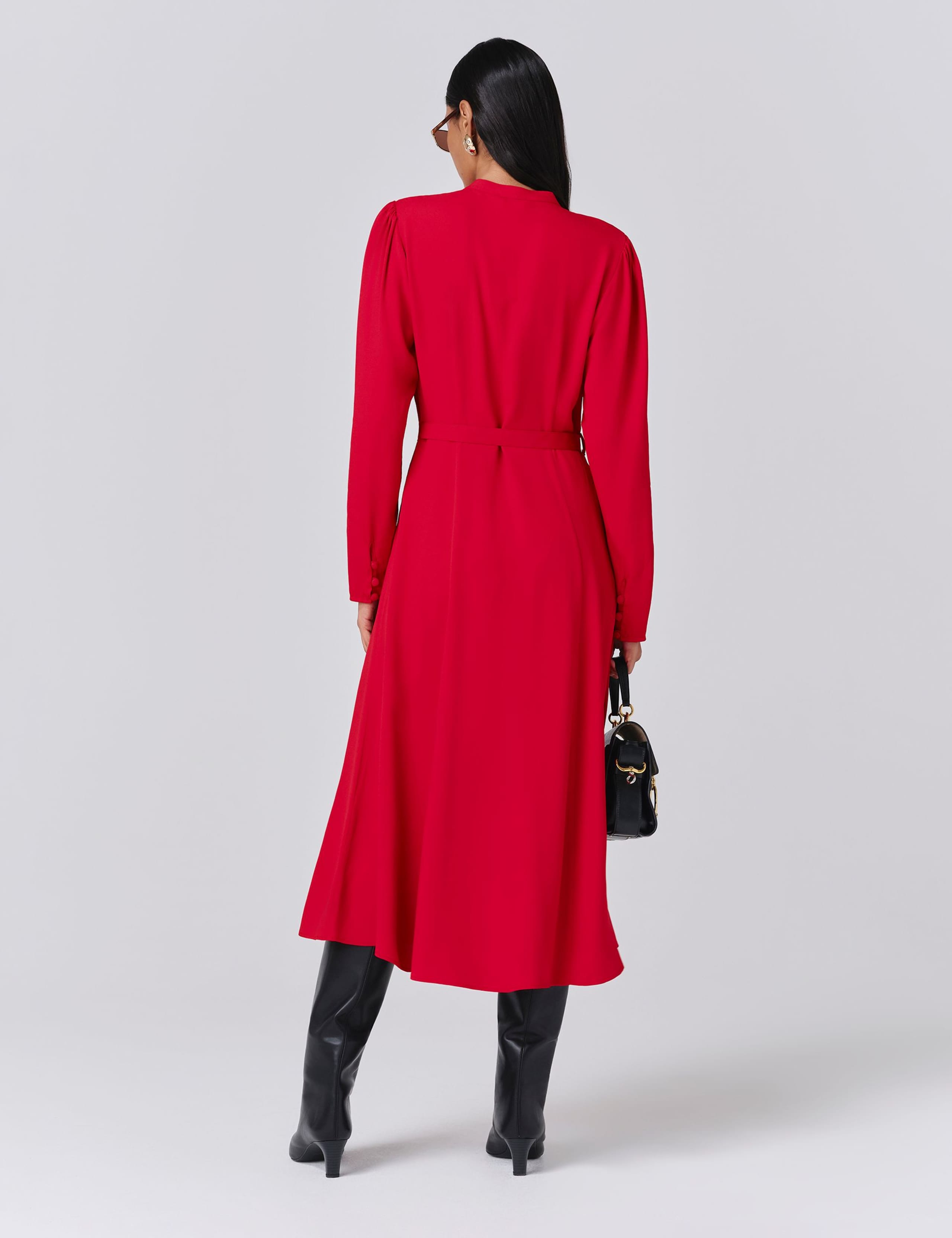 Crepe Pintuck Button Front Midi Waisted Dress 3 of 5