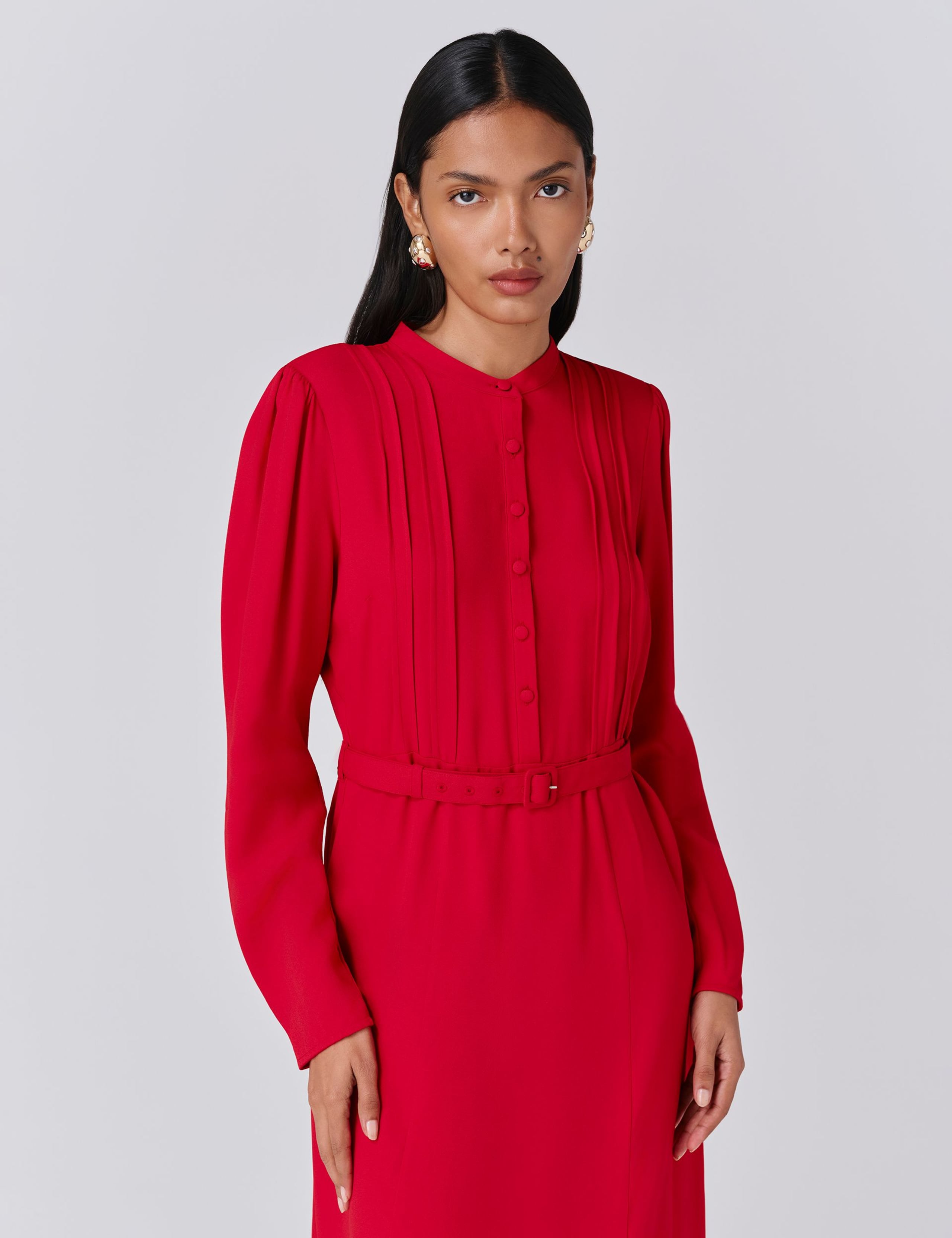 Crepe Pintuck Button Front Midi Waisted Dress 4 of 5