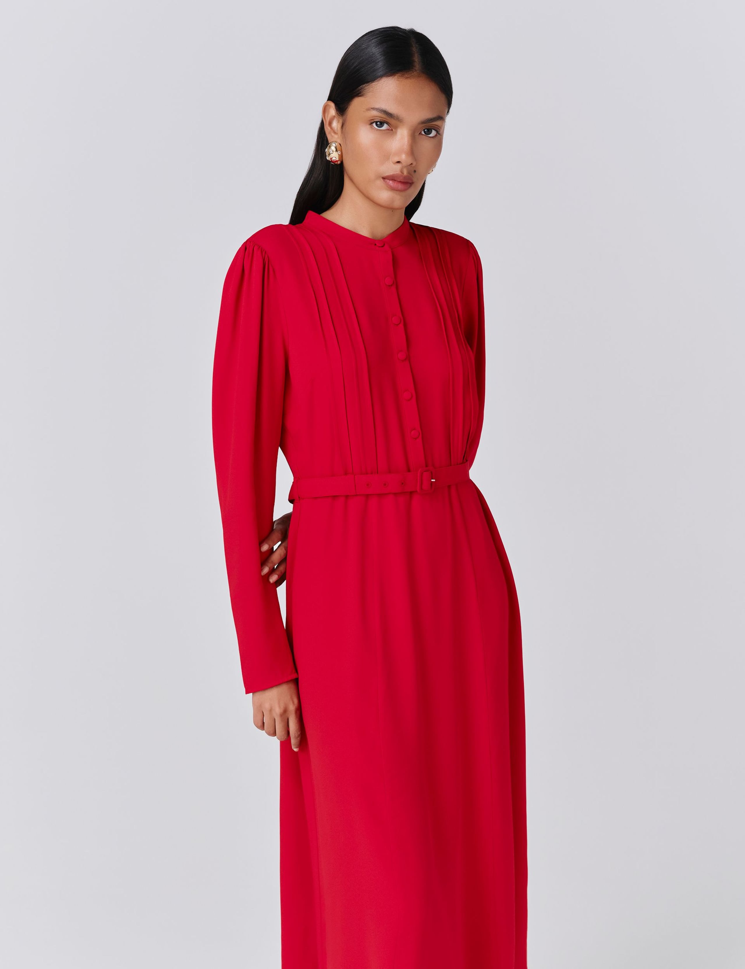Crepe Pintuck Button Front Midi Waisted Dress 5 of 5