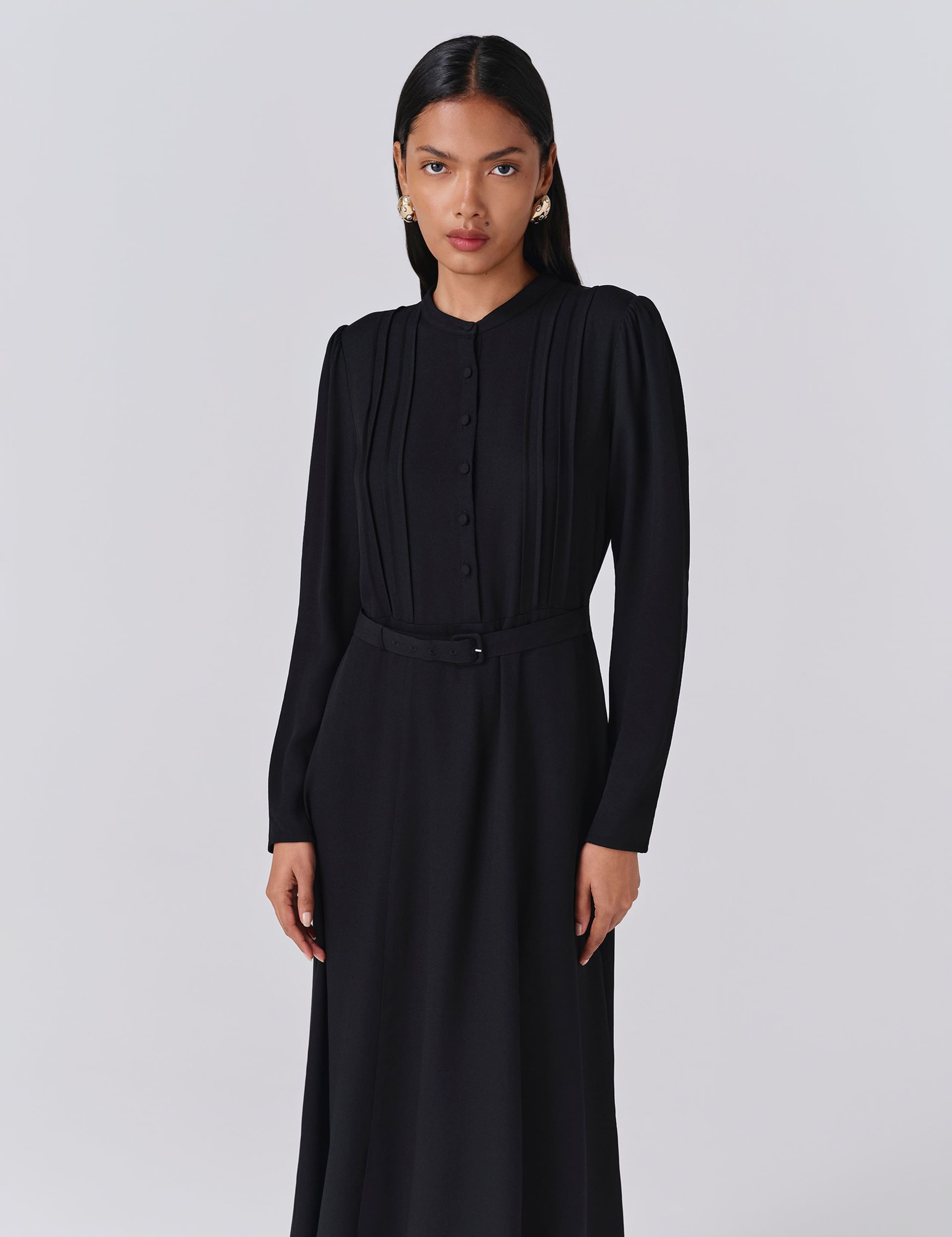 Crepe Pintuck Button Front Midi Waisted Dress 2 of 5