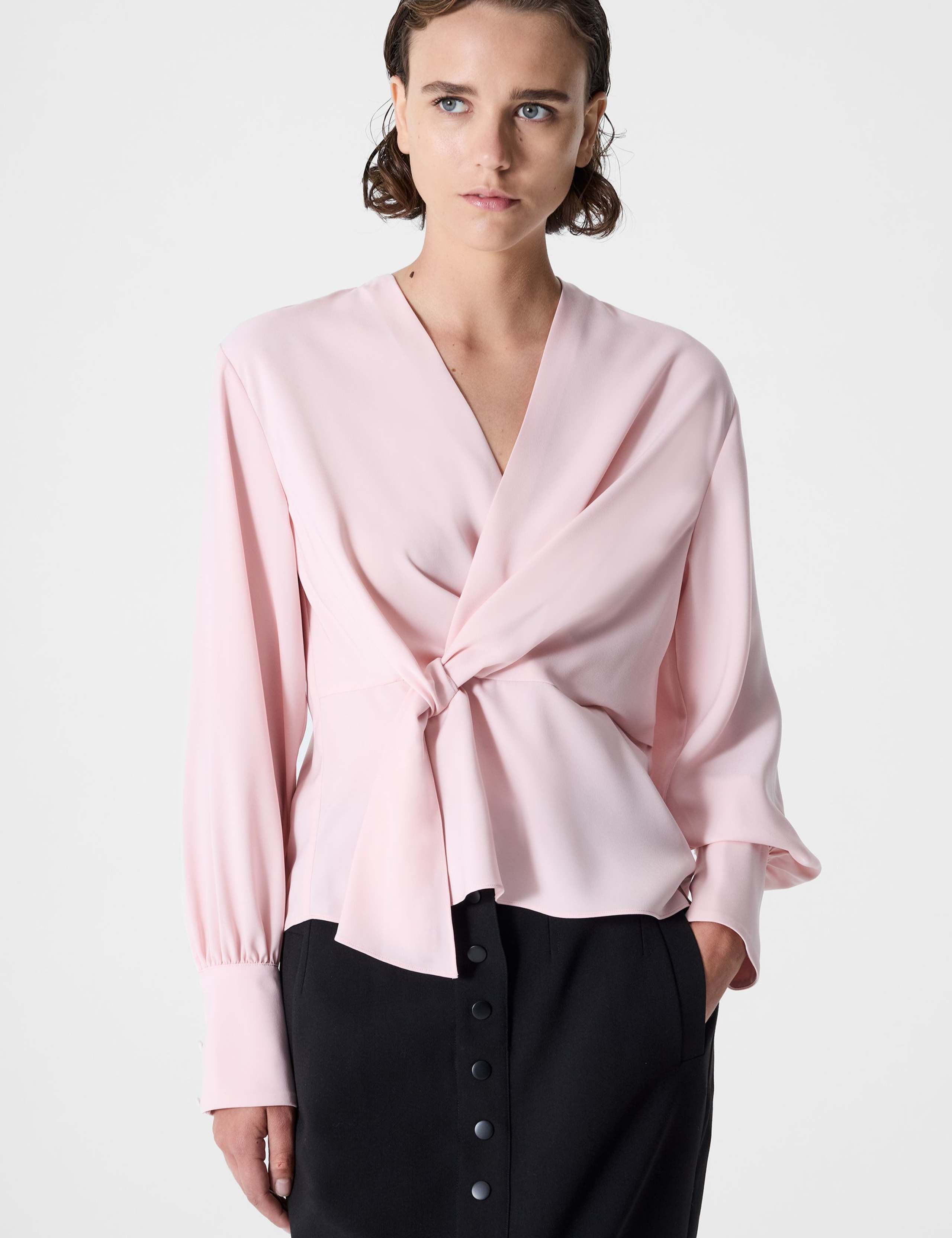 Crepe V-Neck Tie Detail Peplum Top 3 of 3