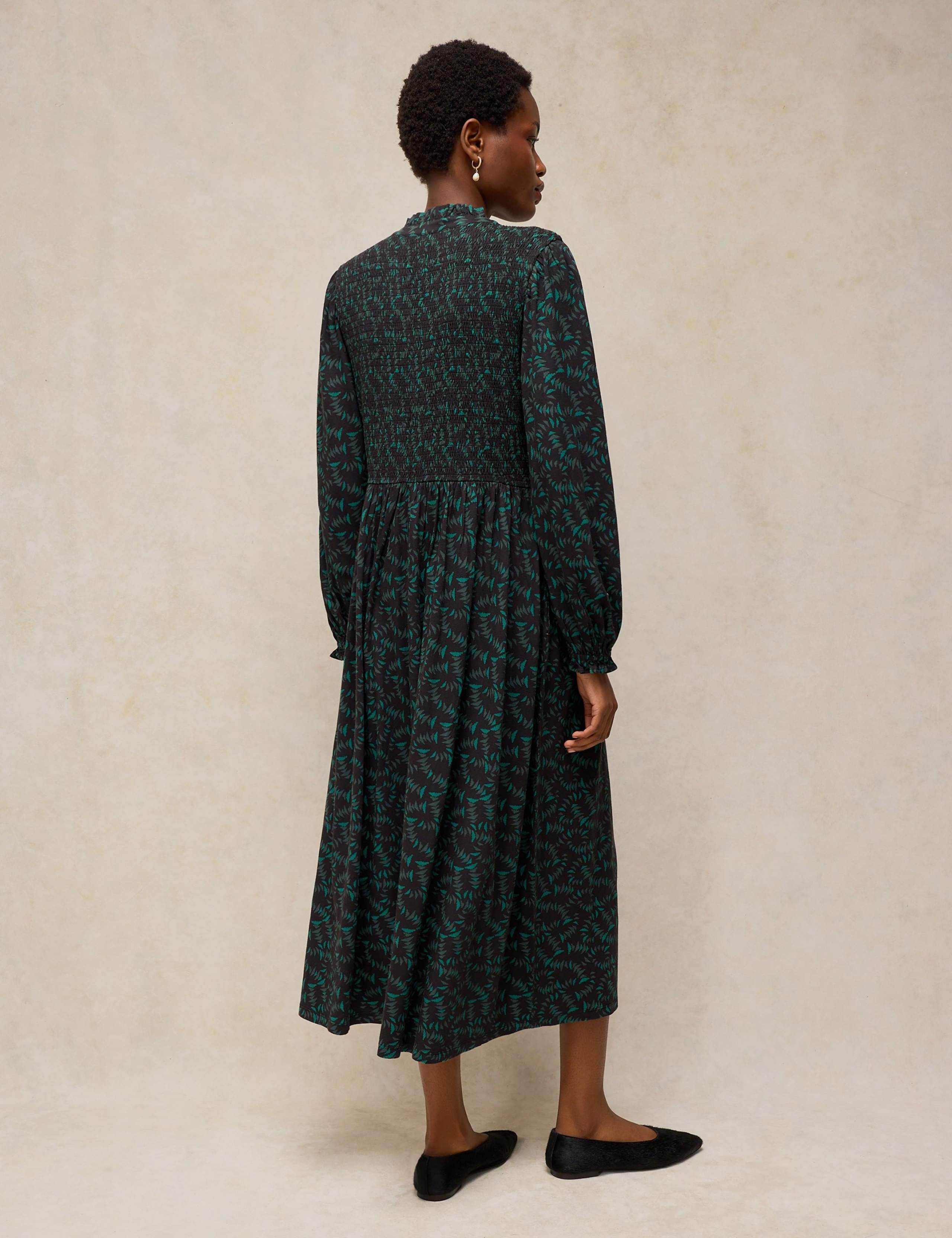 Cotton Blend Shirred Notch Neck Midi Dress 3 of 6