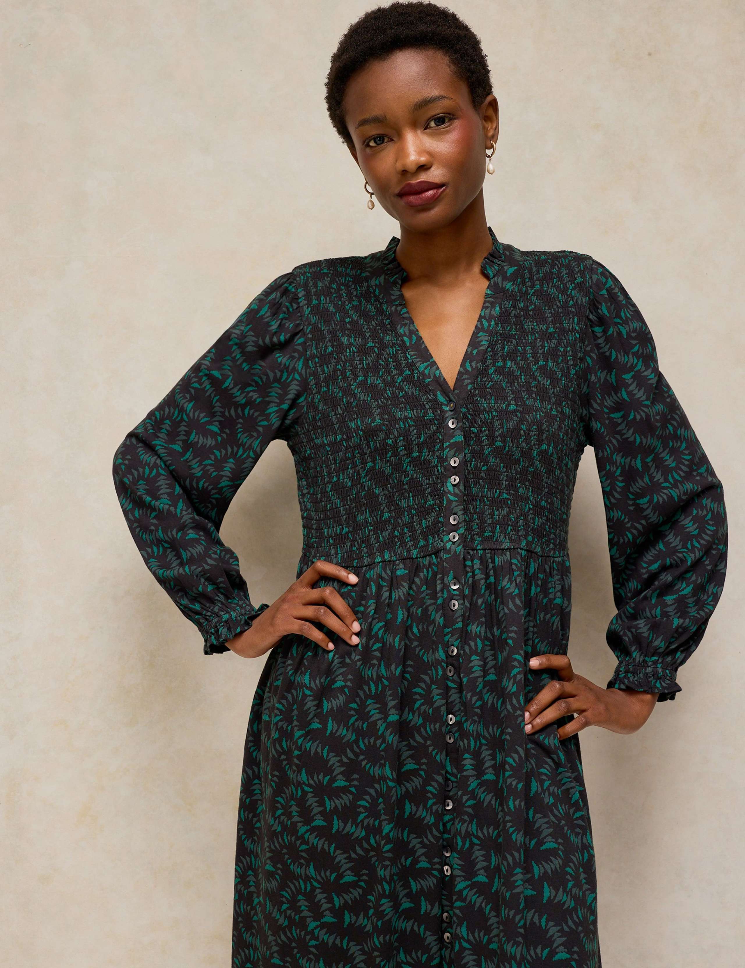 Cotton Blend Shirred Notch Neck Midi Dress 4 of 6