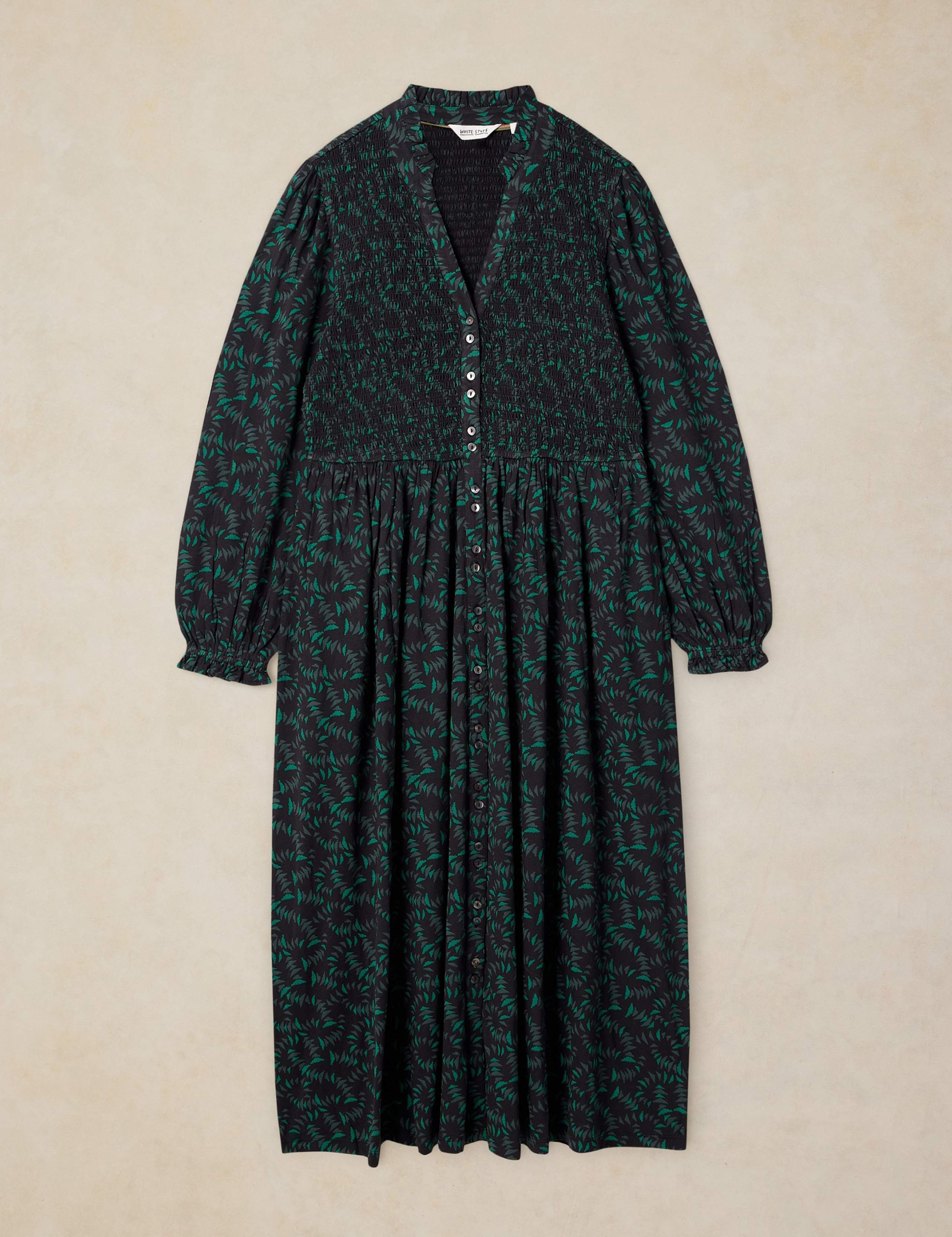 Cotton Blend Shirred Notch Neck Midi Dress 2 of 6
