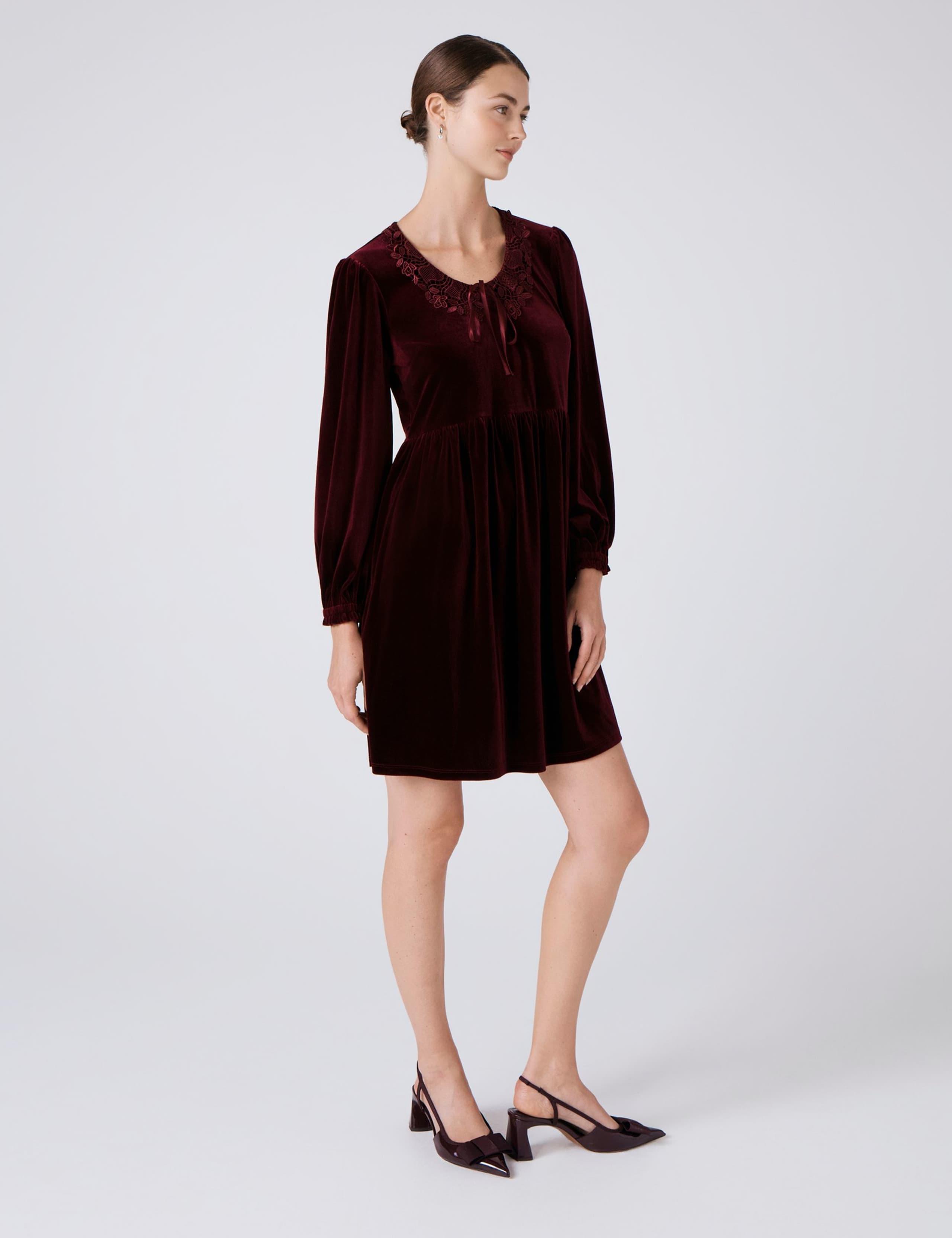 Velvet Tie Neck Knee Length Smock Dress 2 of 4