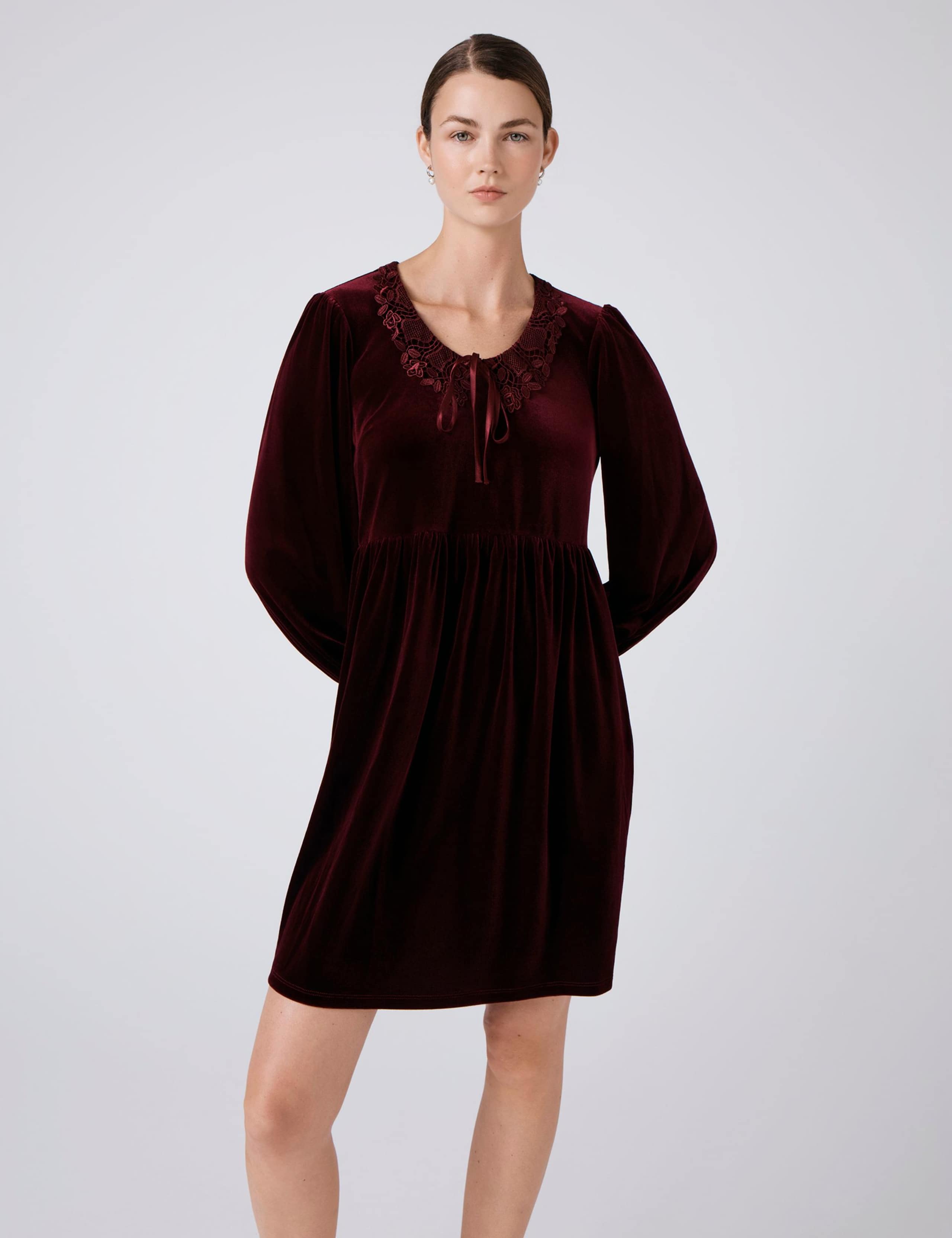 Velvet Tie Neck Knee Length Smock Dress 3 of 4
