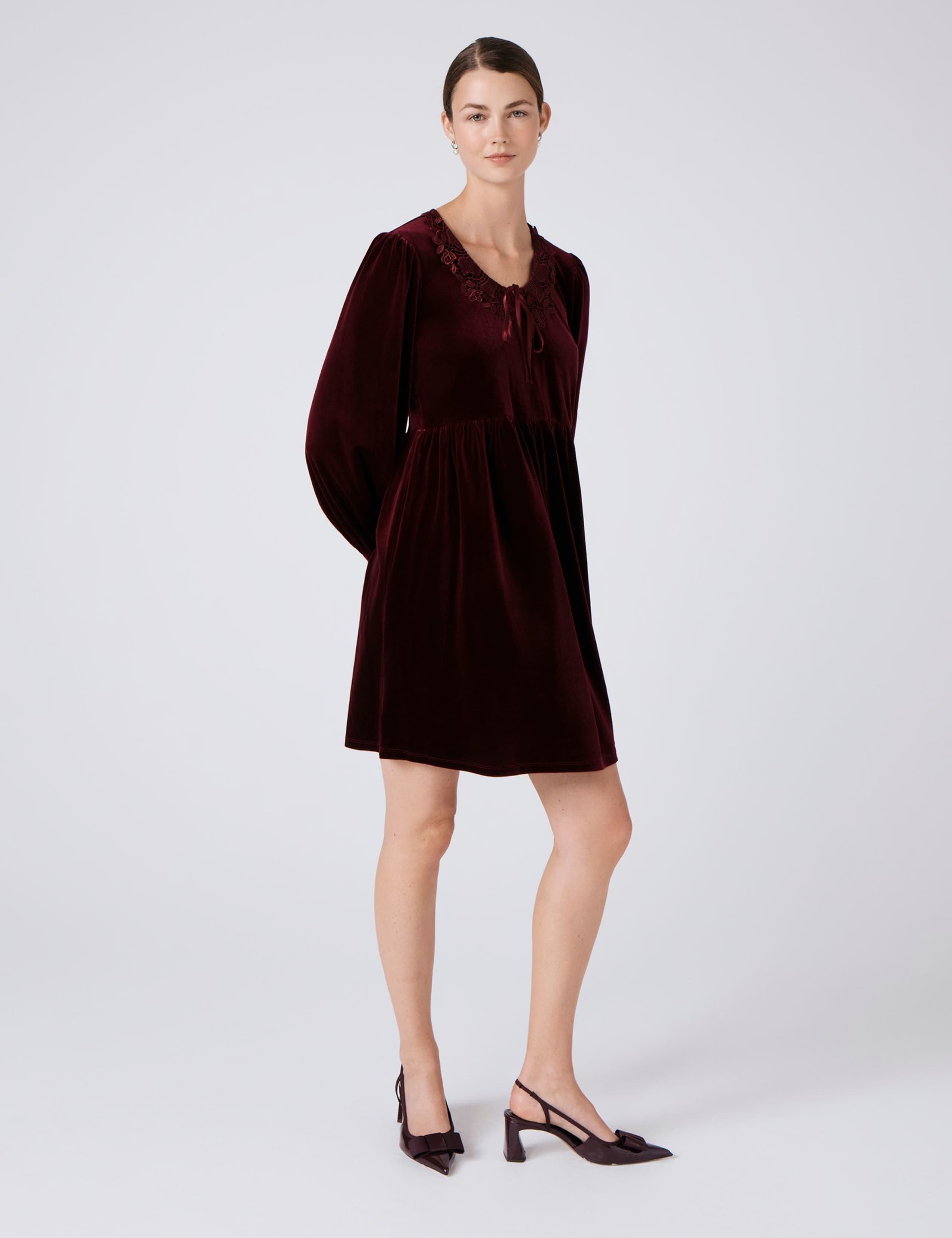 Velvet Tie Neck Knee Length Smock Dress 4 of 4