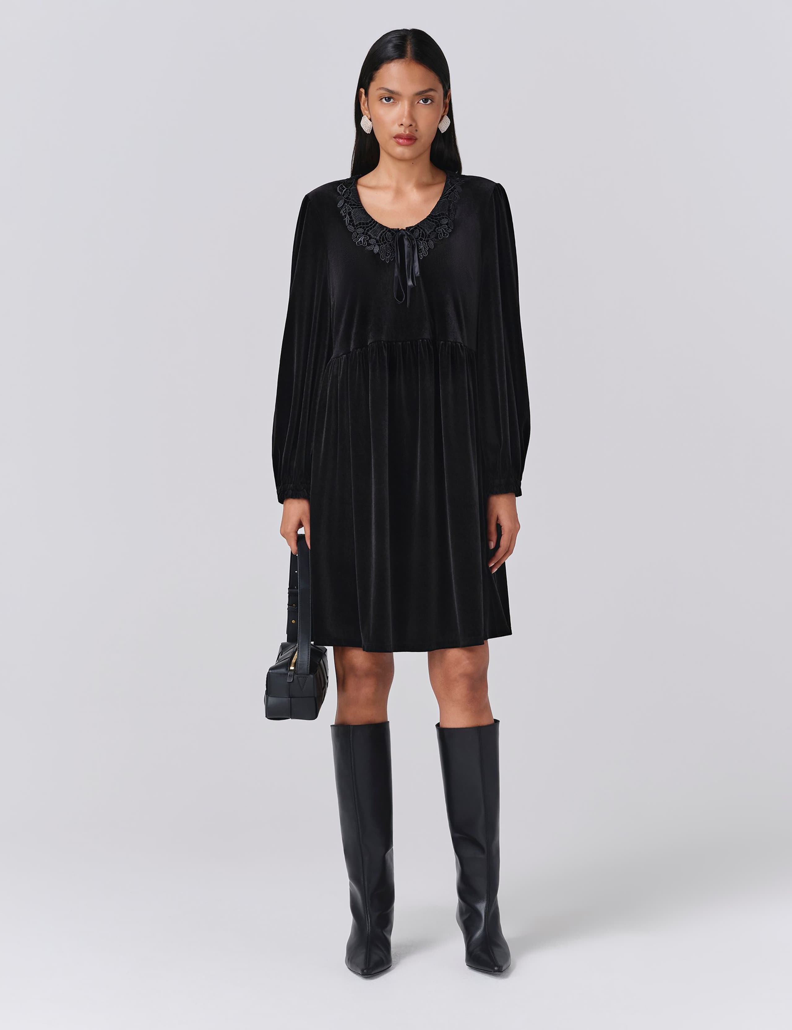 Velvet Tie Neck Knee Length Smock Dress 1 of 5