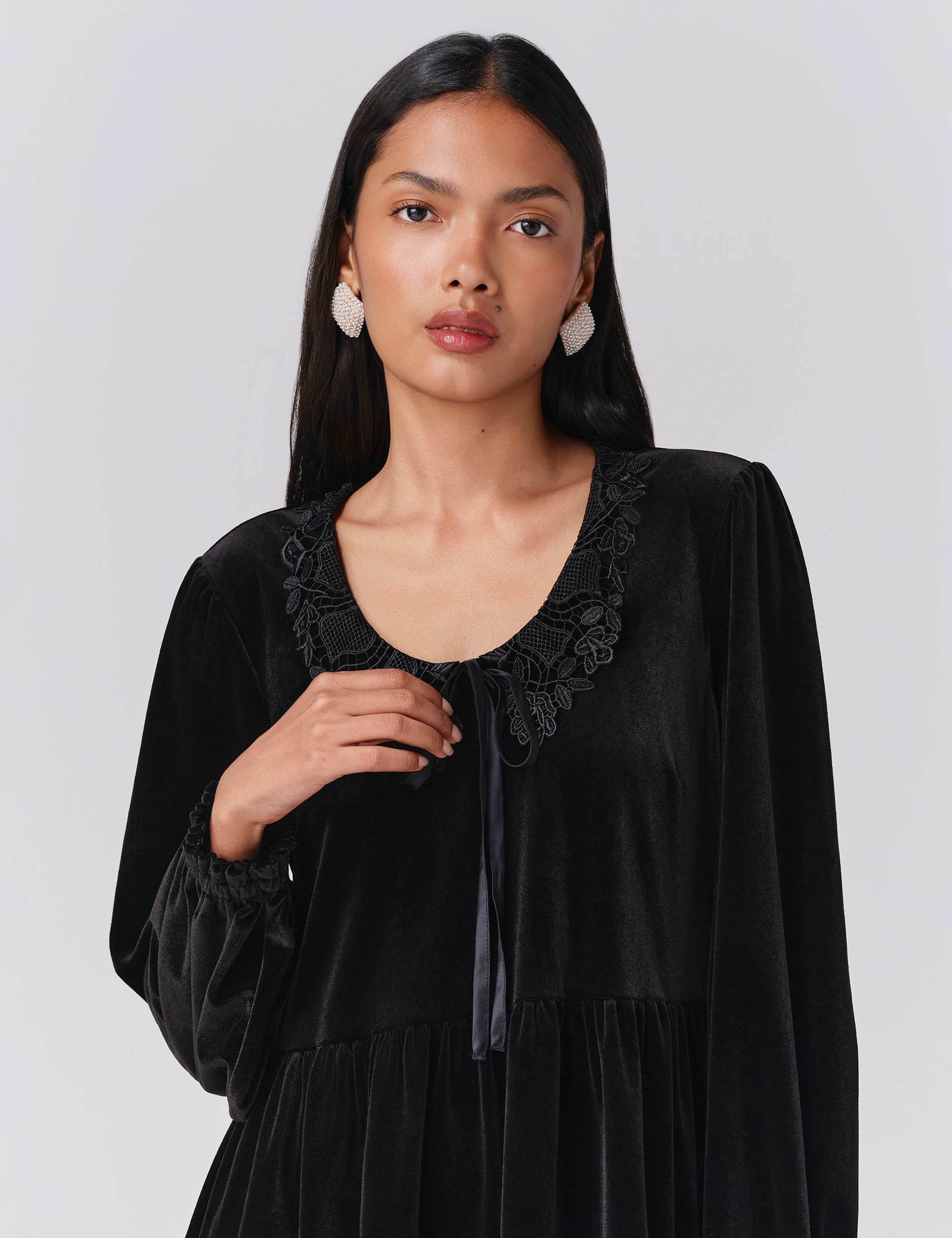 Velvet Tie Neck Knee Length Smock Dress 2 of 5