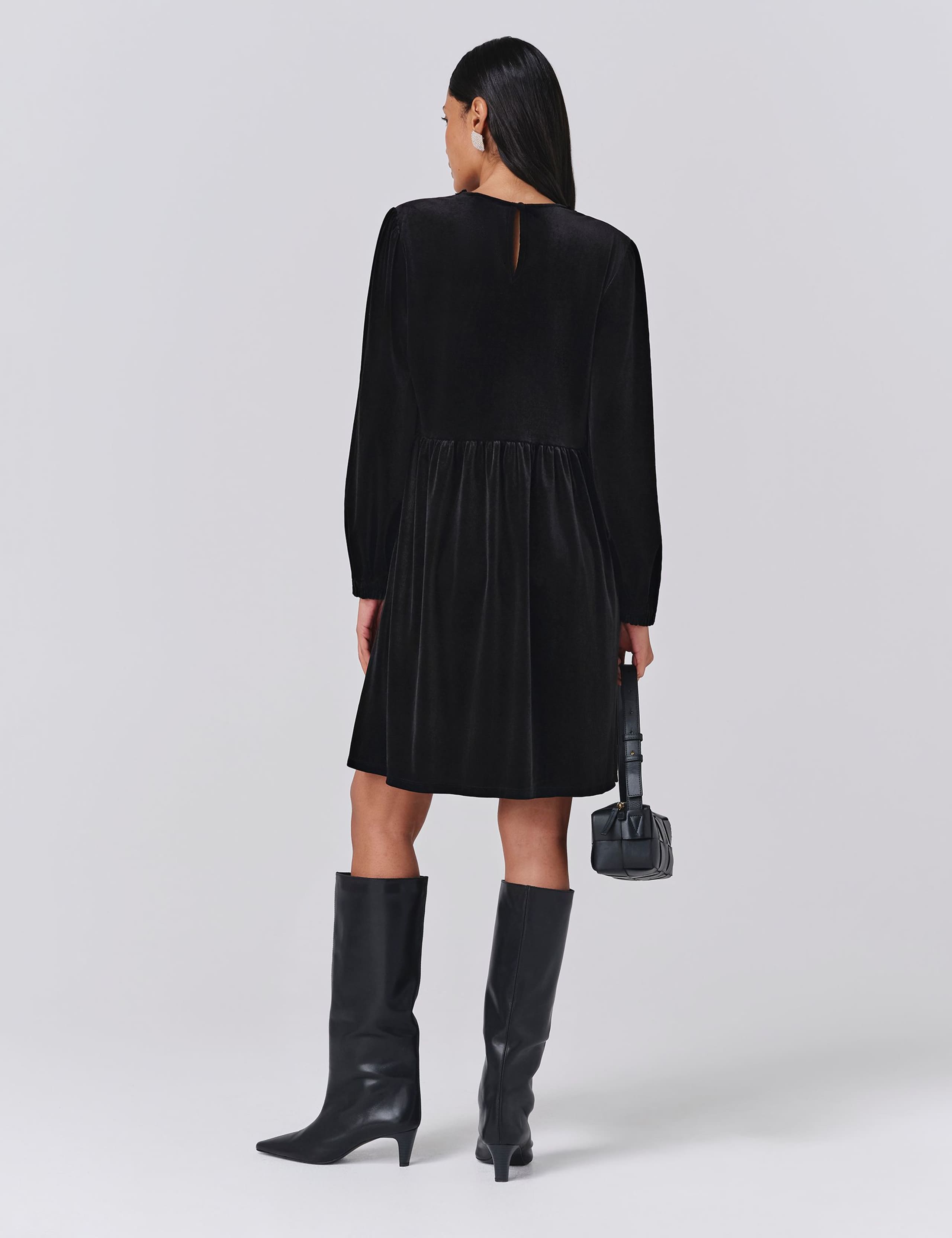 Velvet Tie Neck Knee Length Smock Dress 3 of 5