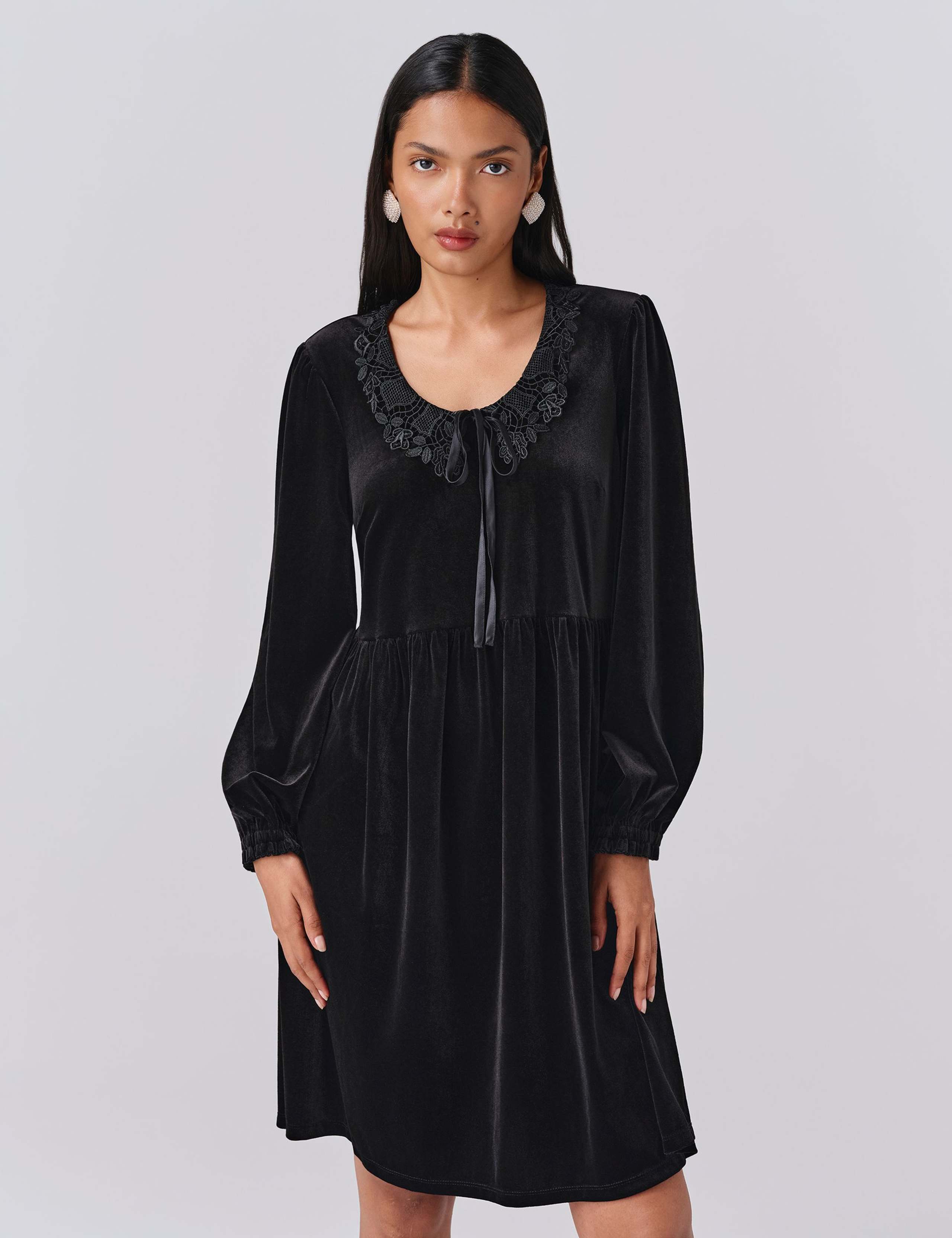 Velvet Tie Neck Knee Length Smock Dress 4 of 5