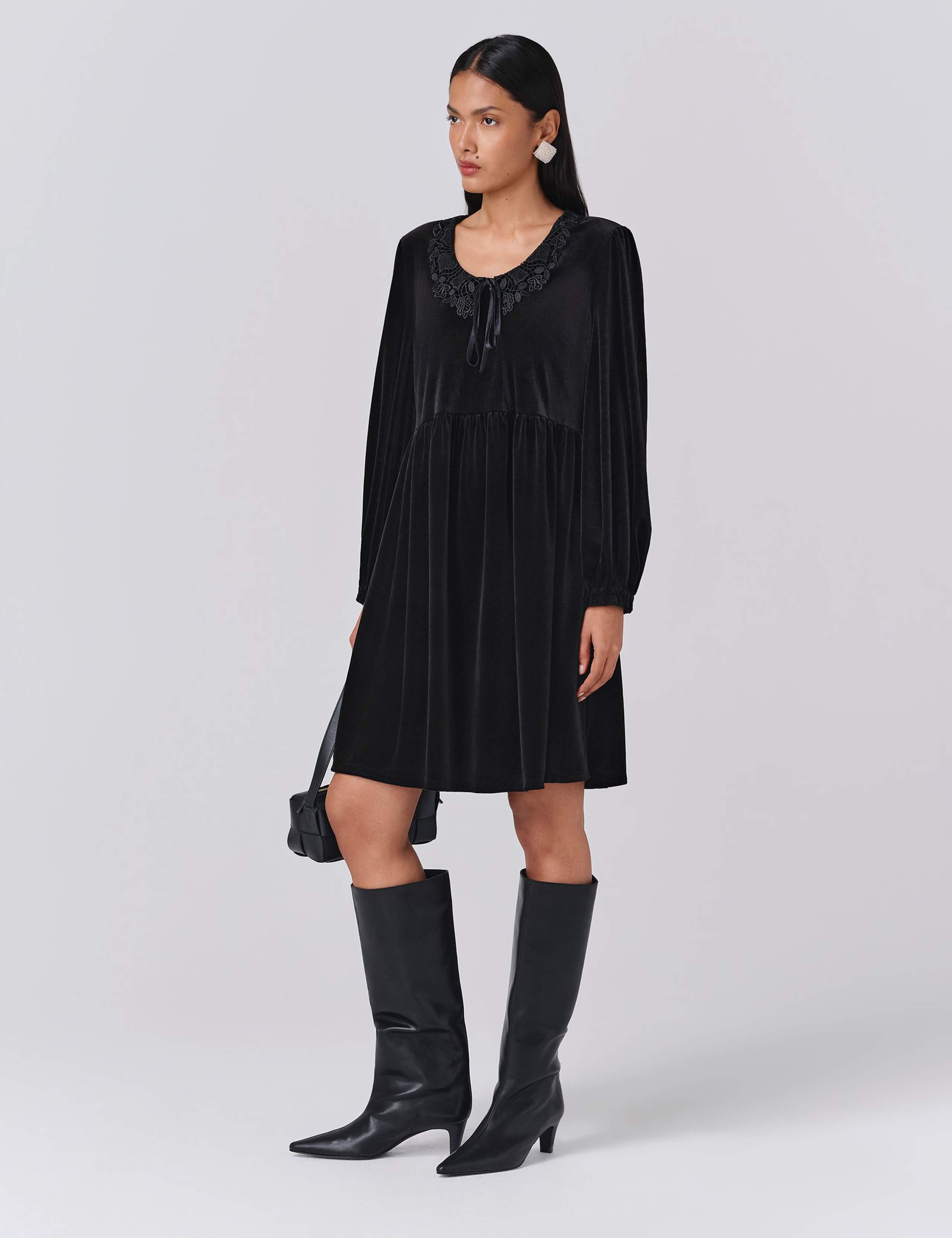 Velvet Tie Neck Knee Length Smock Dress 5 of 5