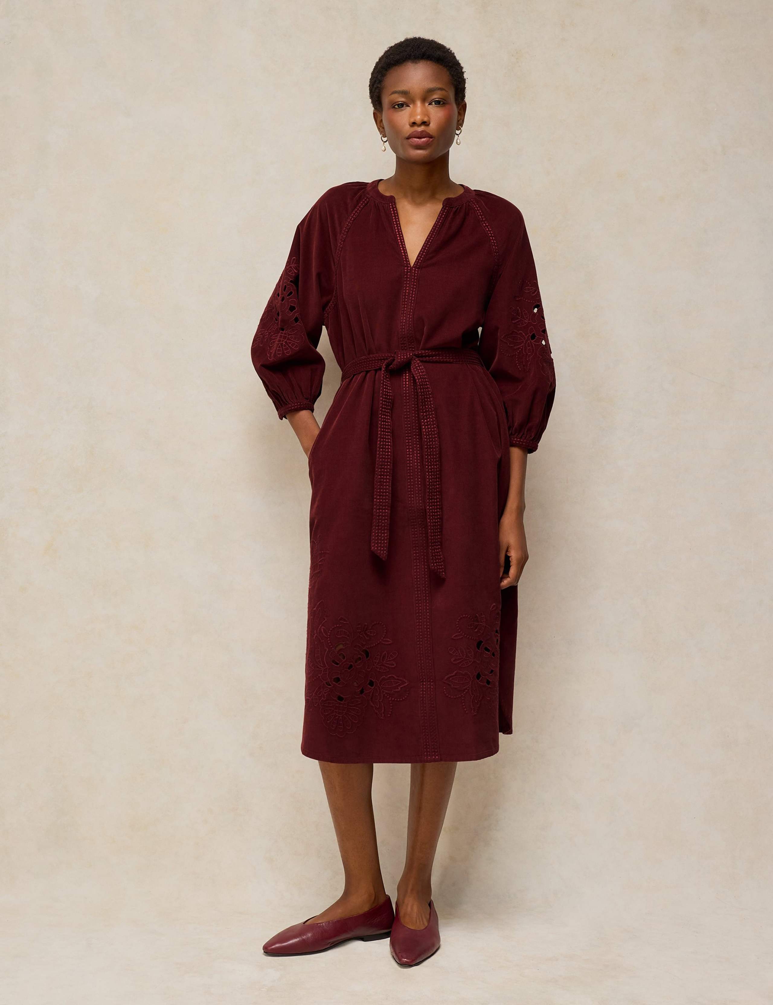 Pure Cotton Embroidered Cord V Neck Midi Dress 1 of 6