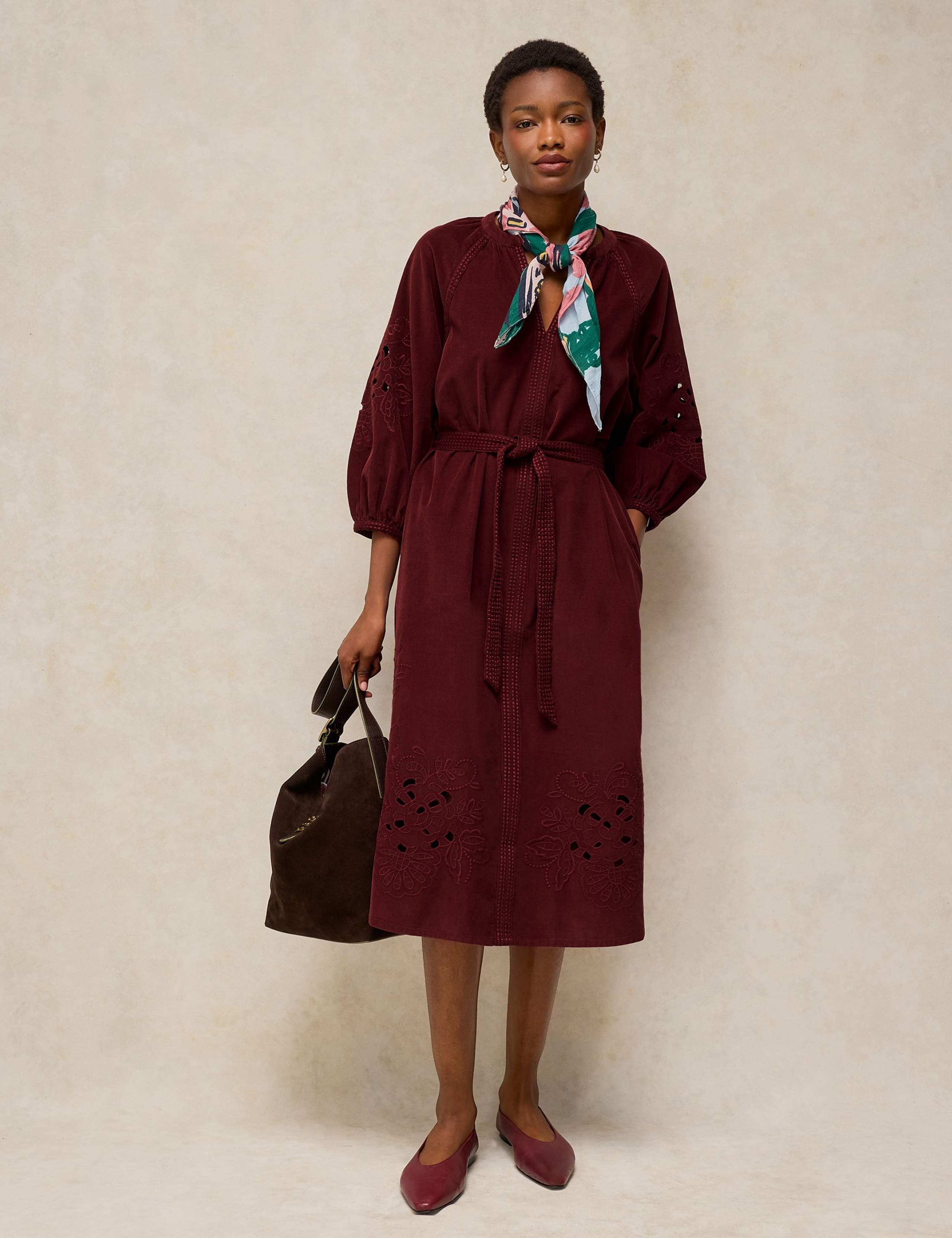 Pure Cotton Embroidered Cord V Neck Midi Dress 3 of 6