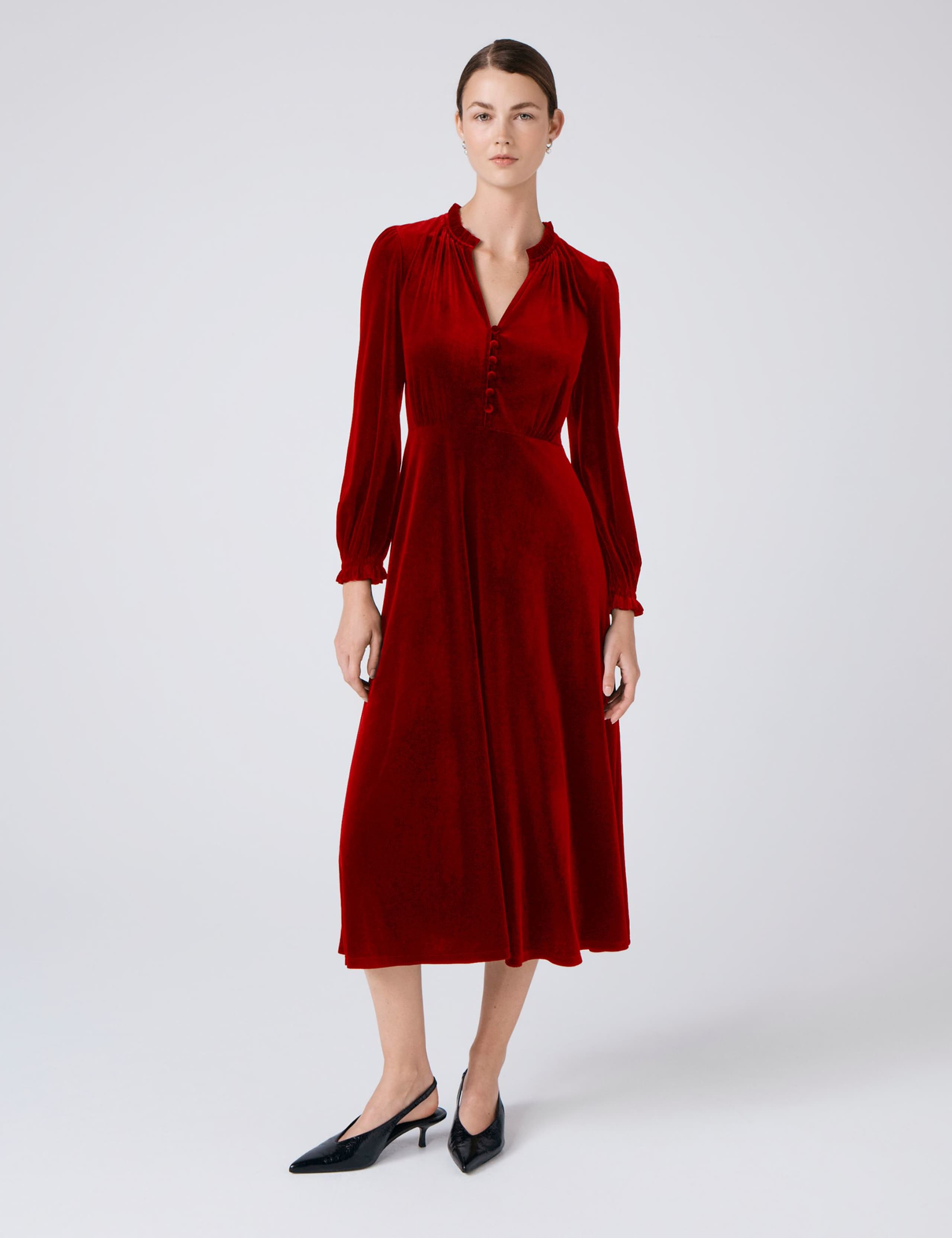 Velvet V-Neck Button Front Midi Skater Dress 1 of 4