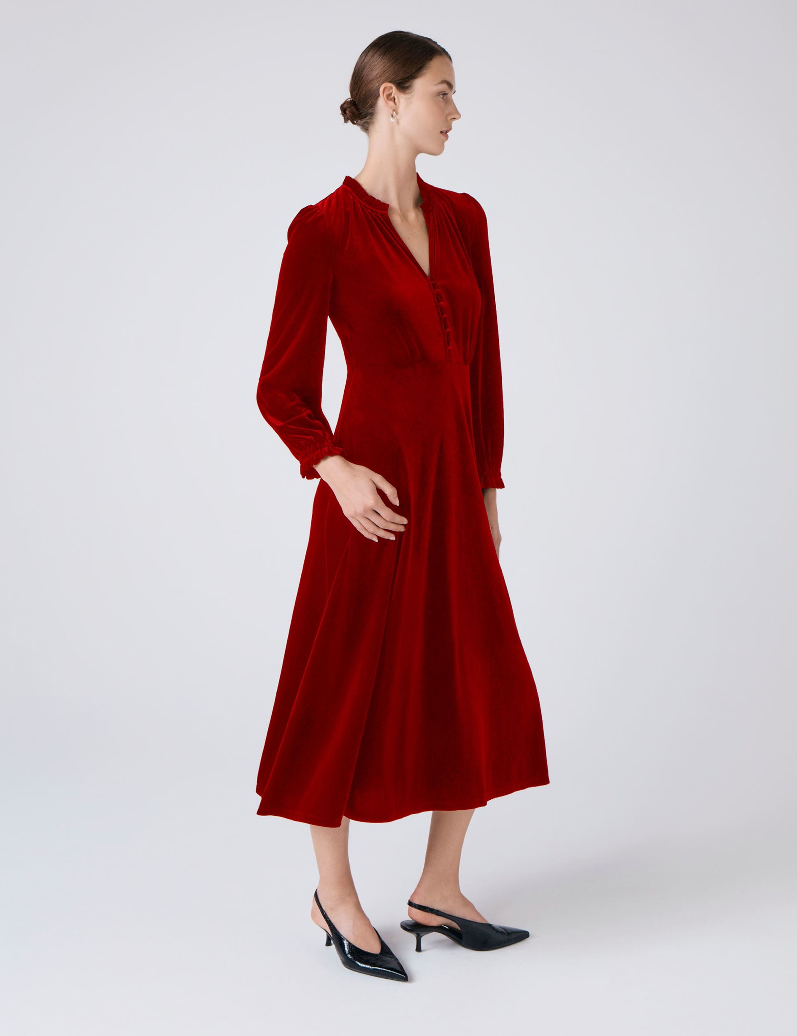 Velvet V-Neck Button Front Midi Skater Dress 2 of 4