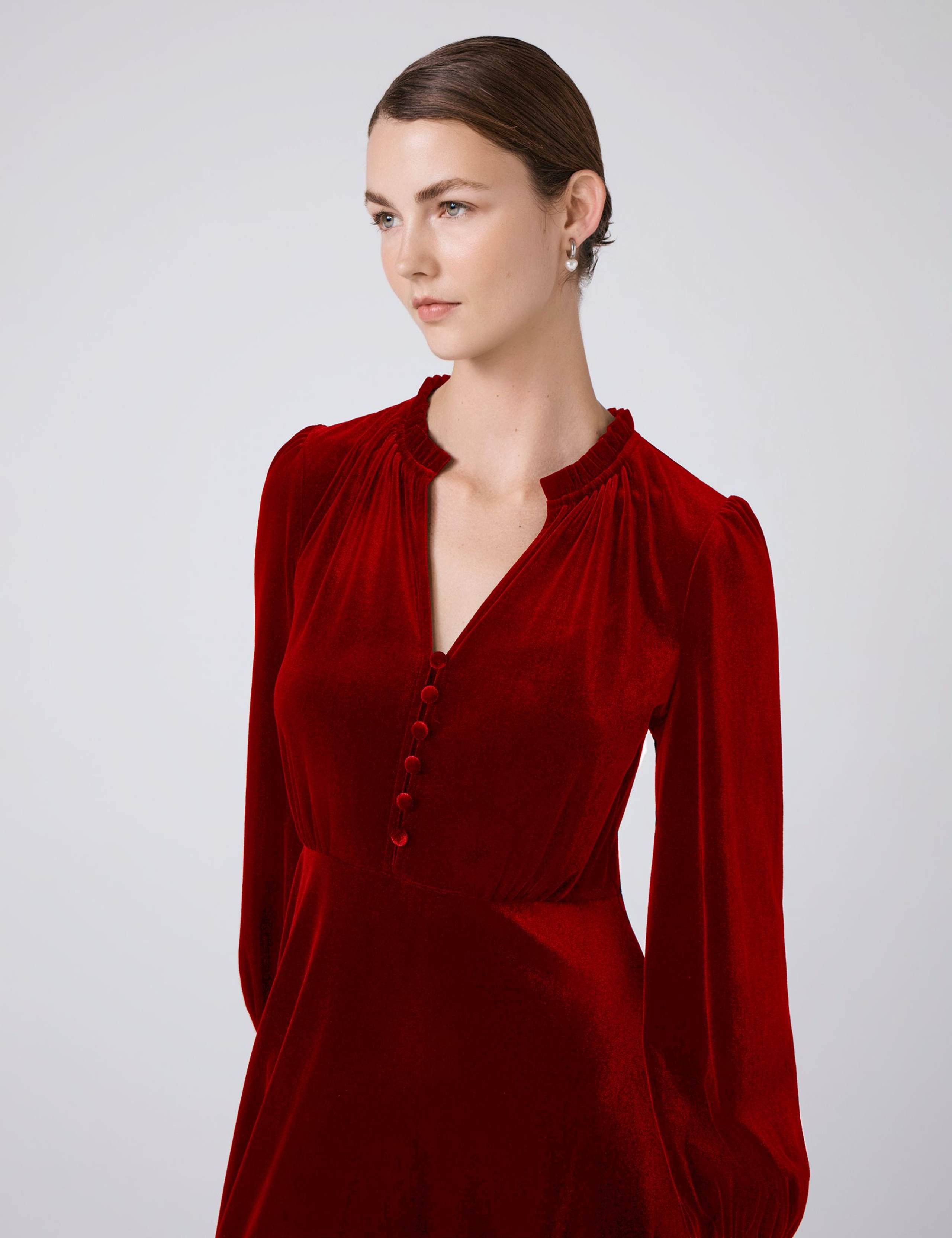 Velvet V-Neck Button Front Midi Skater Dress 4 of 4