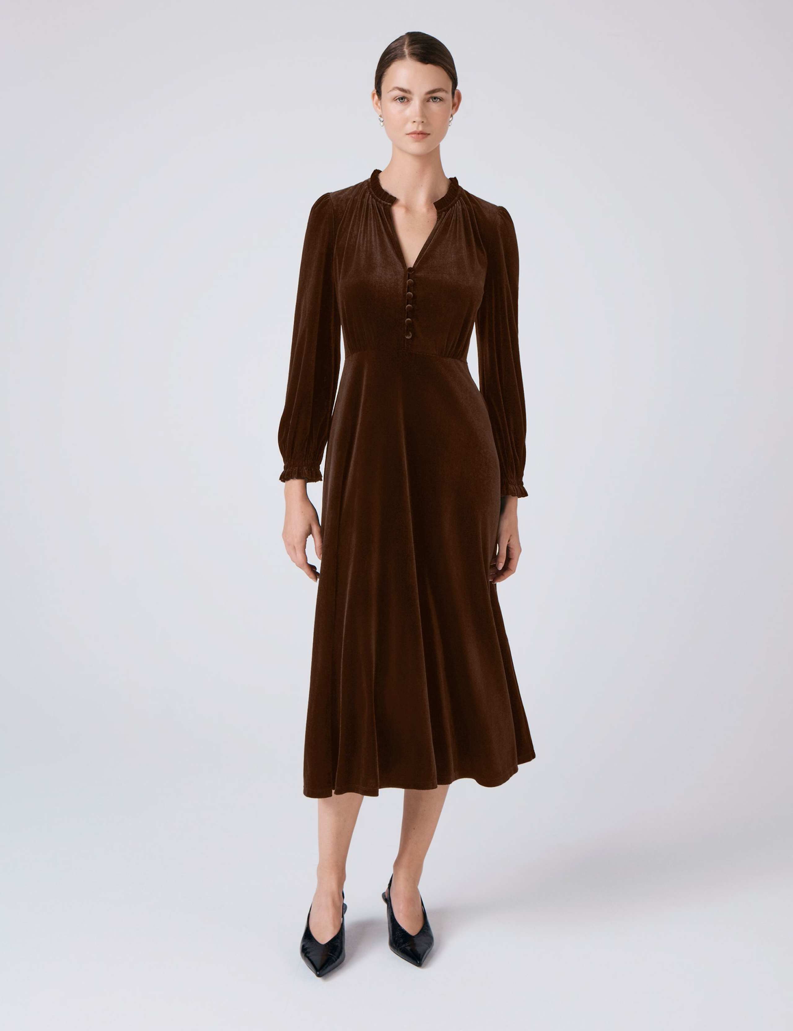 Velvet V-Neck Button Front Midi Skater Dress 1 of 3