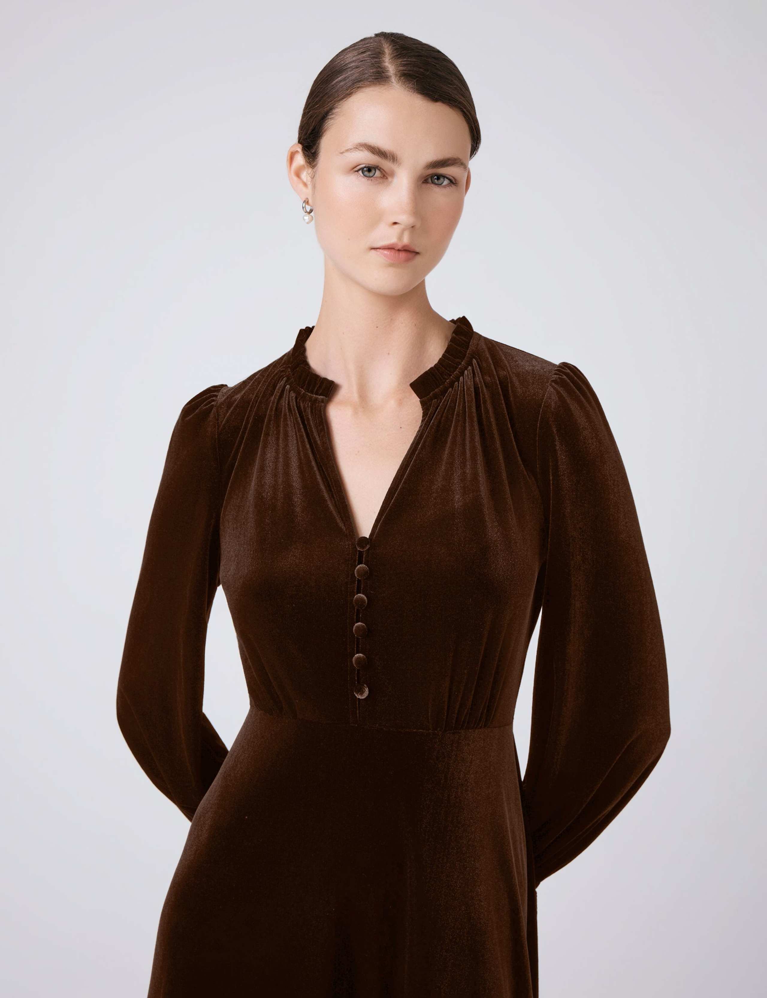 Velvet V-Neck Button Front Midi Skater Dress 3 of 3