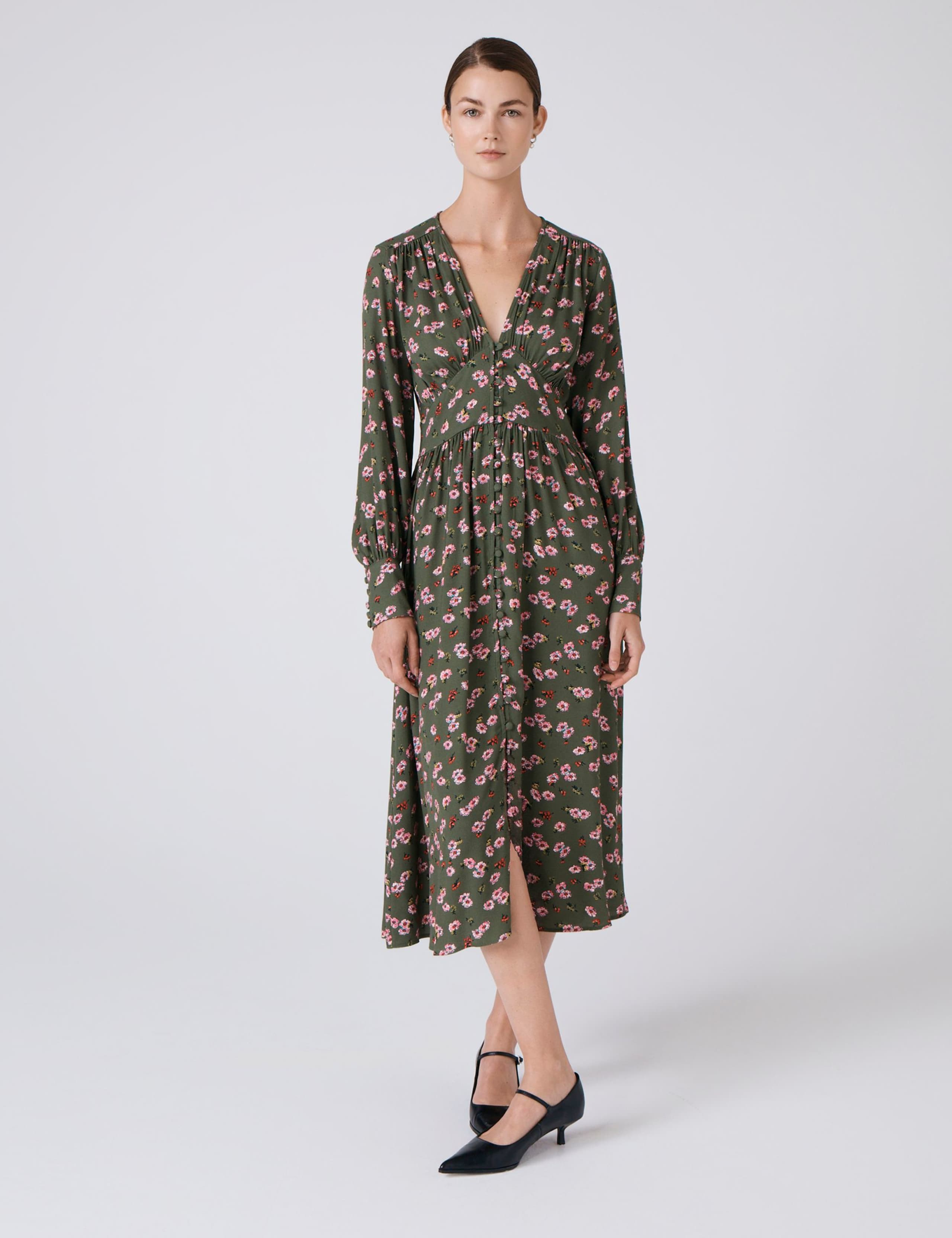 Crepe Floral V-Neck Midi Waisted Dress 1 of 6
