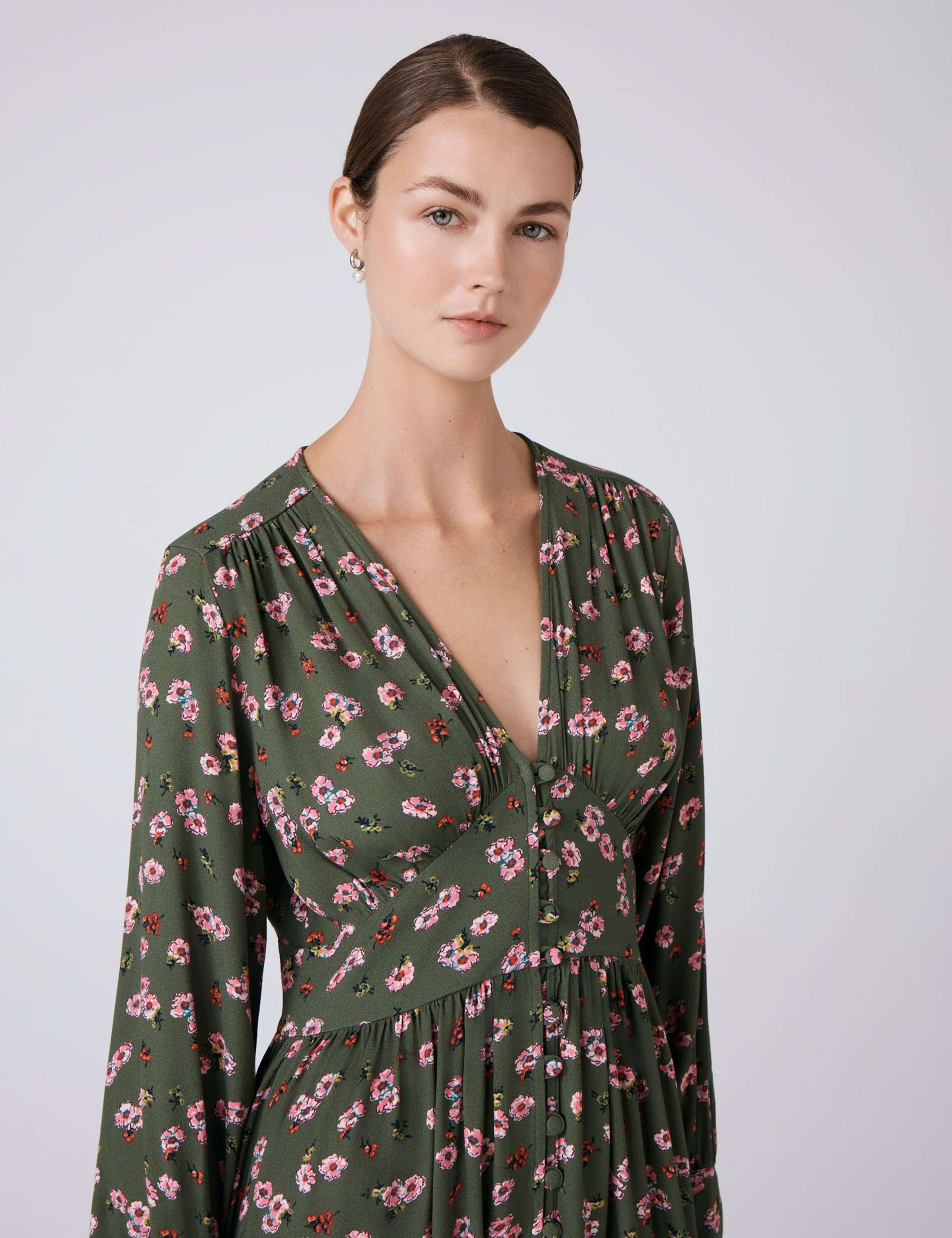 Crepe Floral V-Neck Midi Waisted Dress 2 of 6