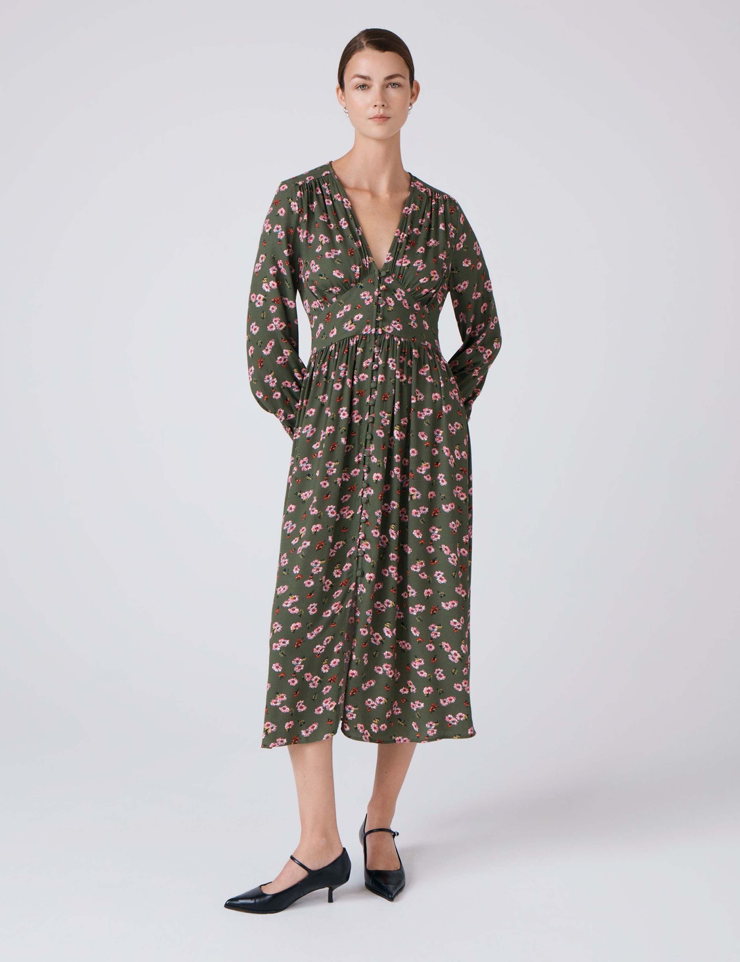 Crepe Floral V-Neck Midi Waisted Dress 4 of 6