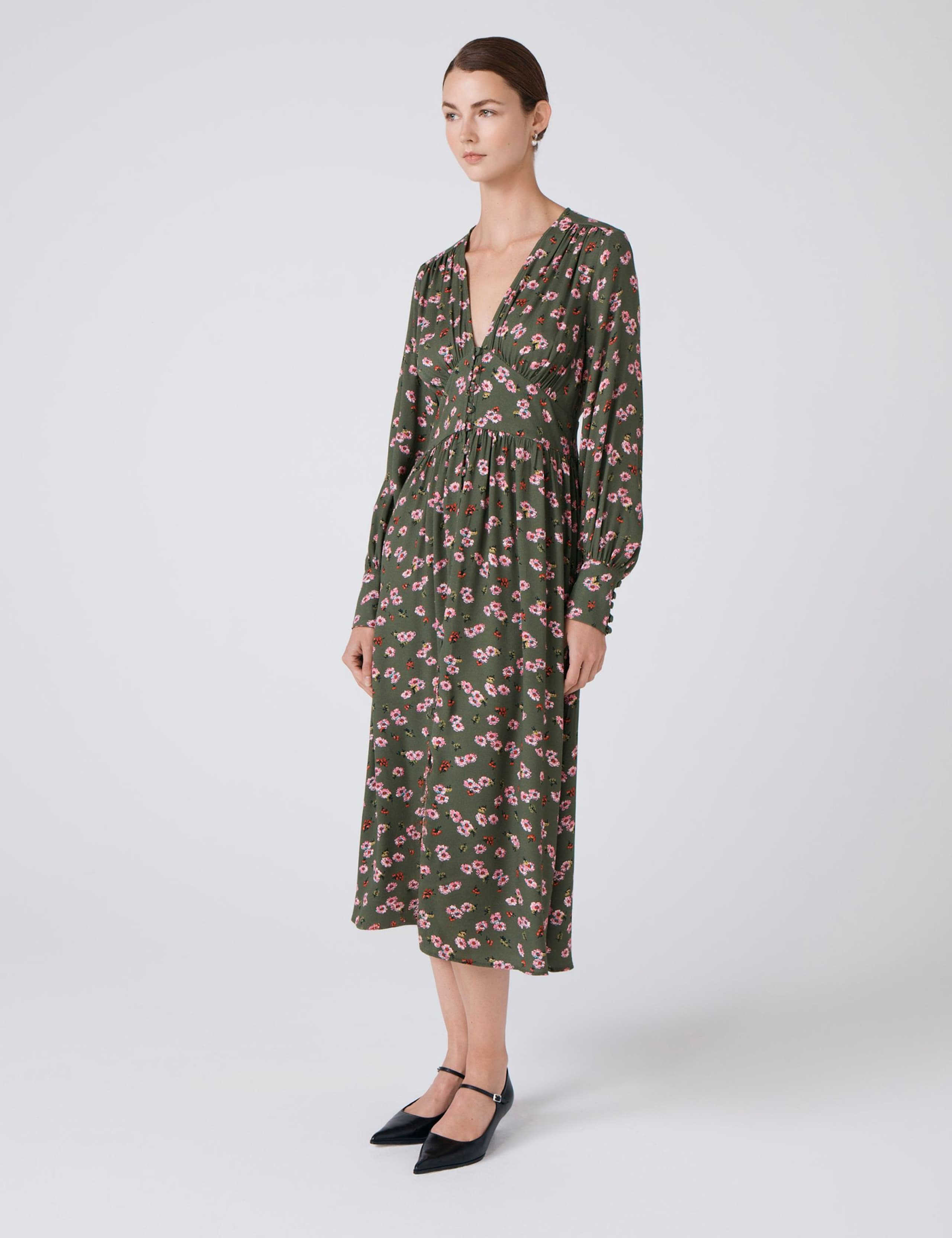 Crepe Floral V-Neck Midi Waisted Dress 5 of 6