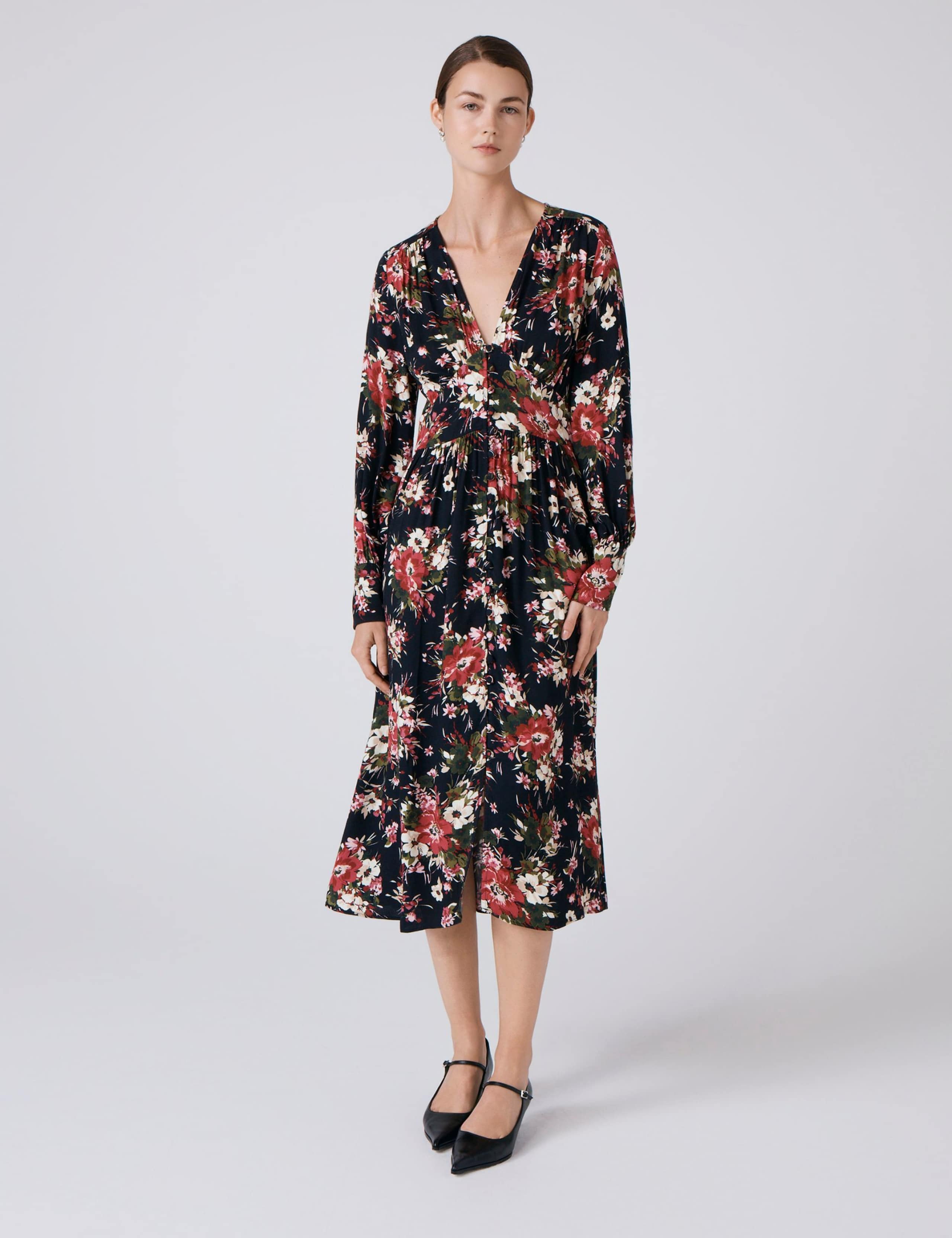 Crepe Floral V-Neck Midi Waisted Dress 1 of 5