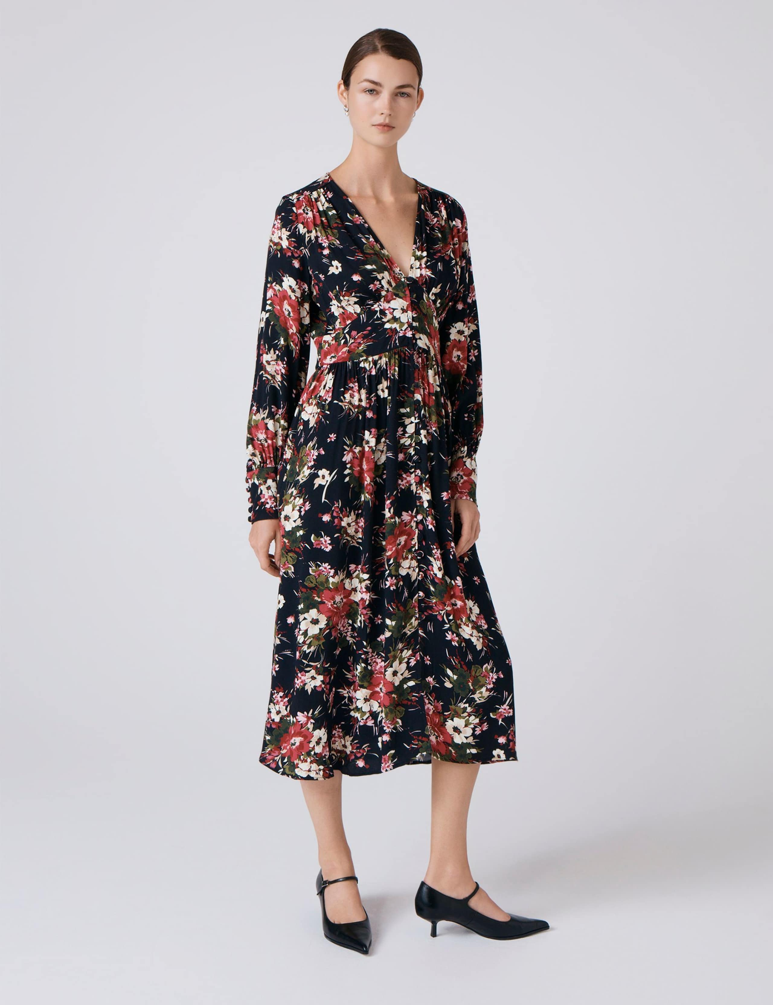 Crepe Floral V-Neck Midi Waisted Dress 2 of 5