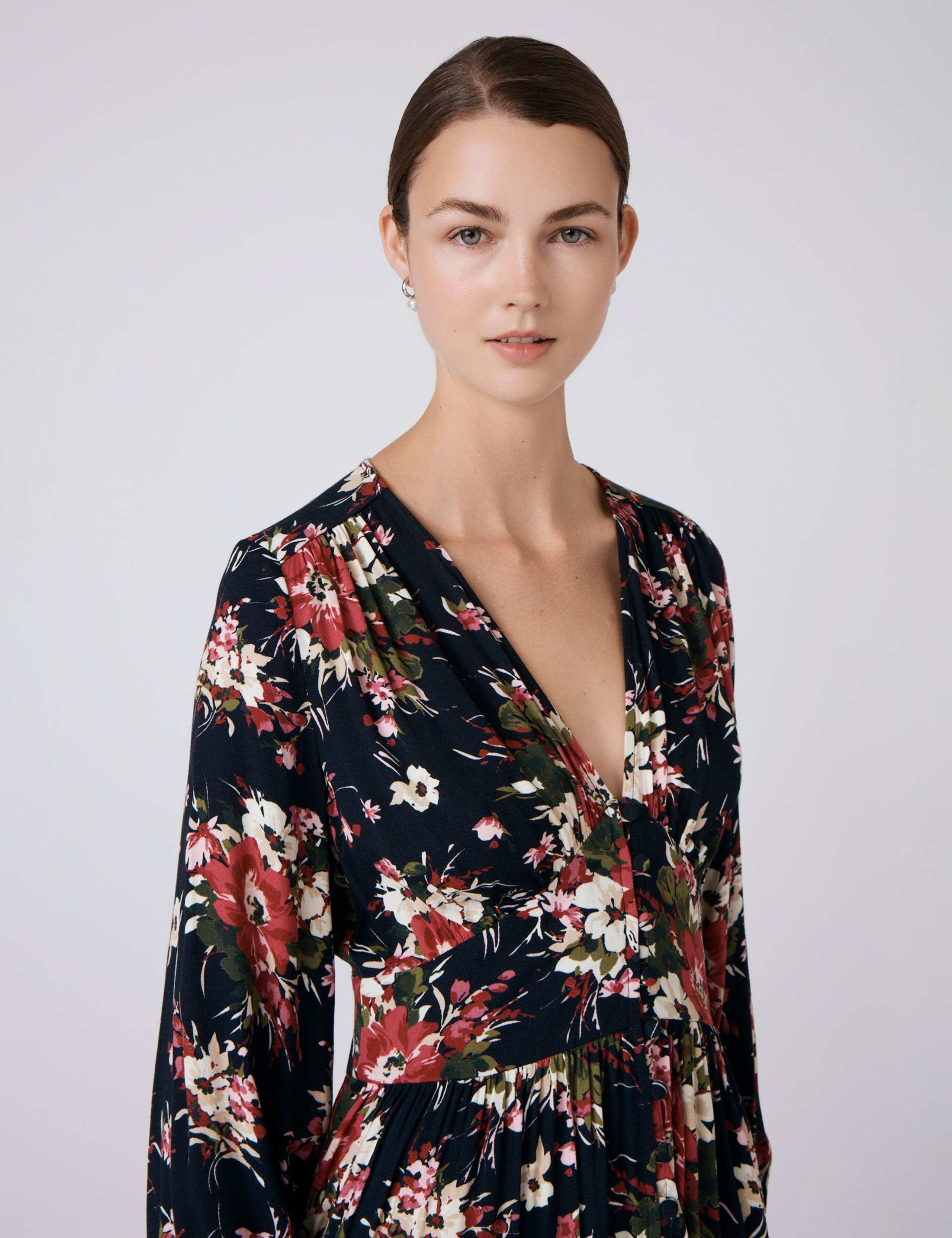 Crepe Floral V-Neck Midi Waisted Dress 5 of 5