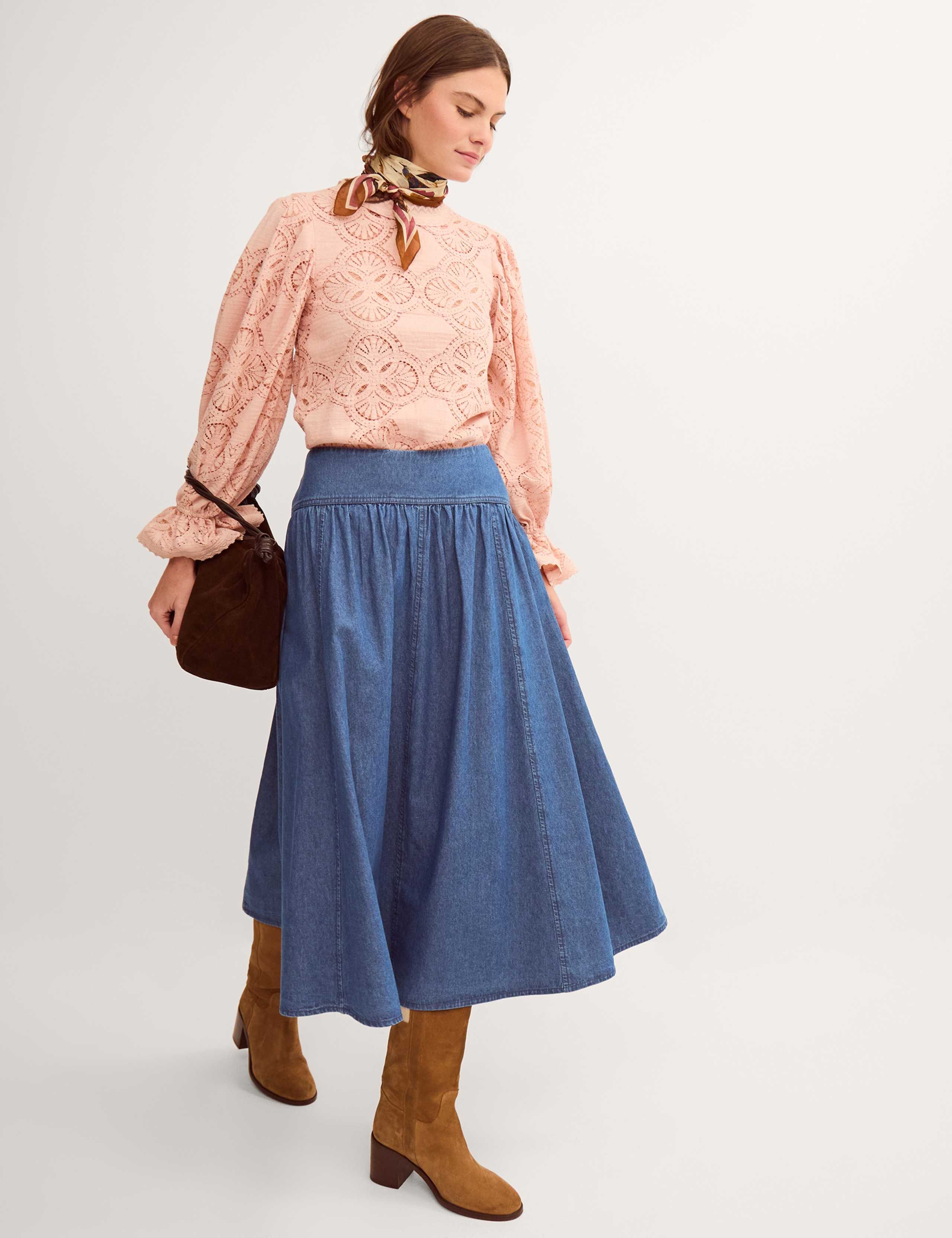 Denim Seam Detail Midi Drop Waist Skirt 2 of 4