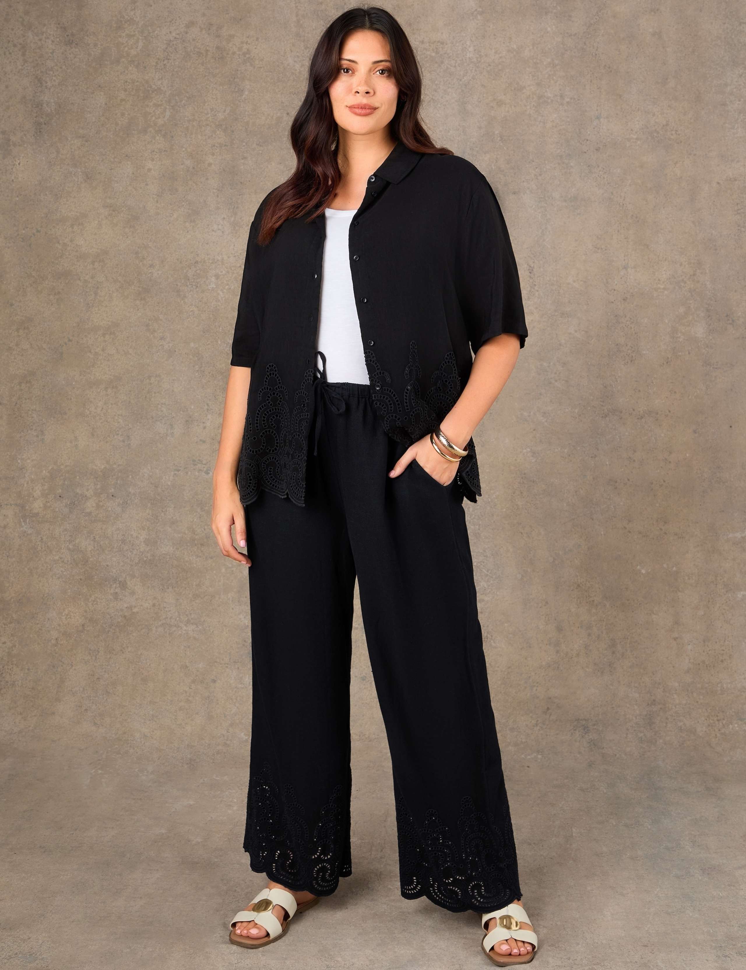 Linen Blend Broderie Wide Leg Trousers 2 of 4