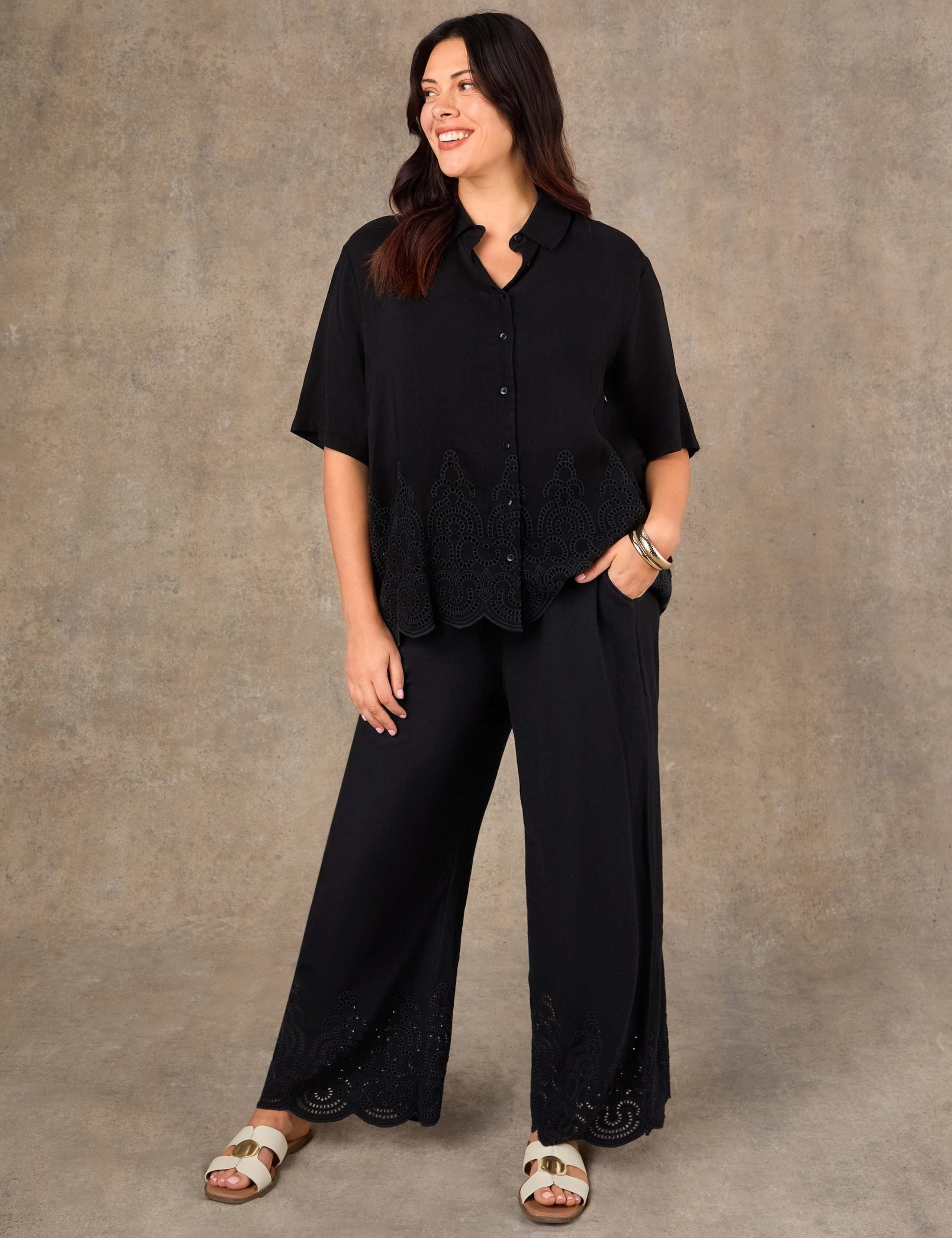Linen Blend Broderie Wide Leg Trousers 3 of 4