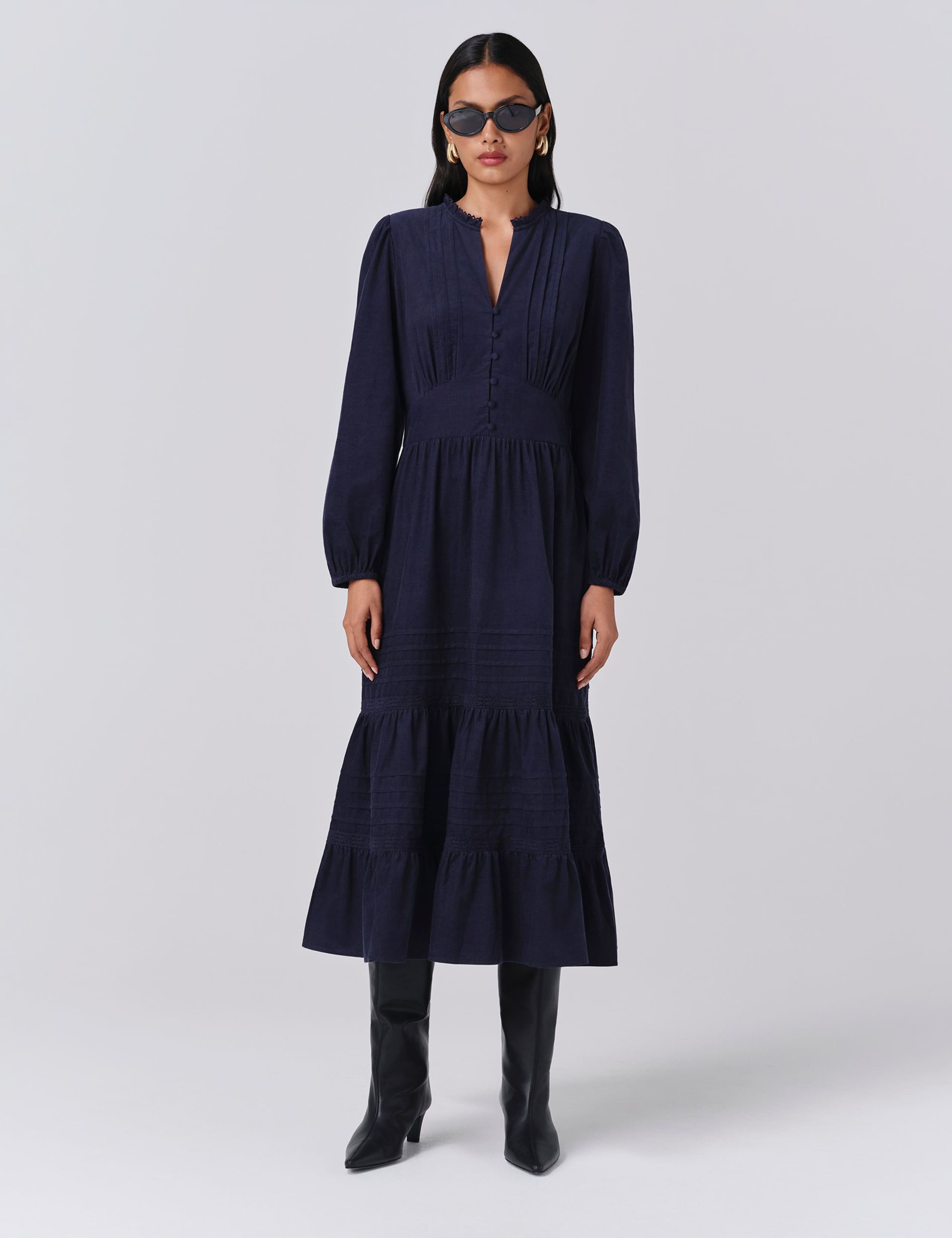 Pure Cotton Cord V-Neck Midi Tiered Dress 1 of 5