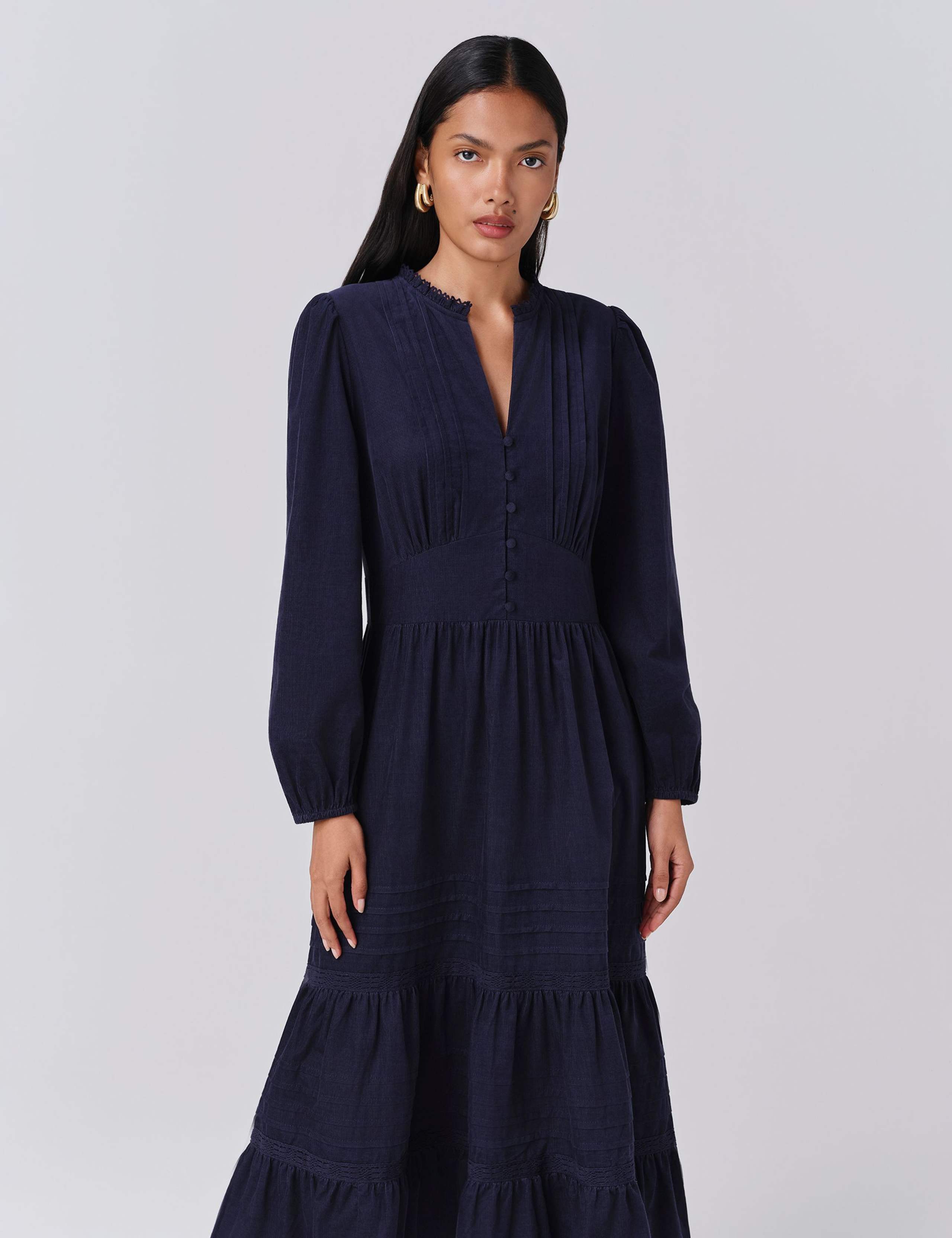 Pure Cotton Cord V-Neck Midi Tiered Dress 4 of 5