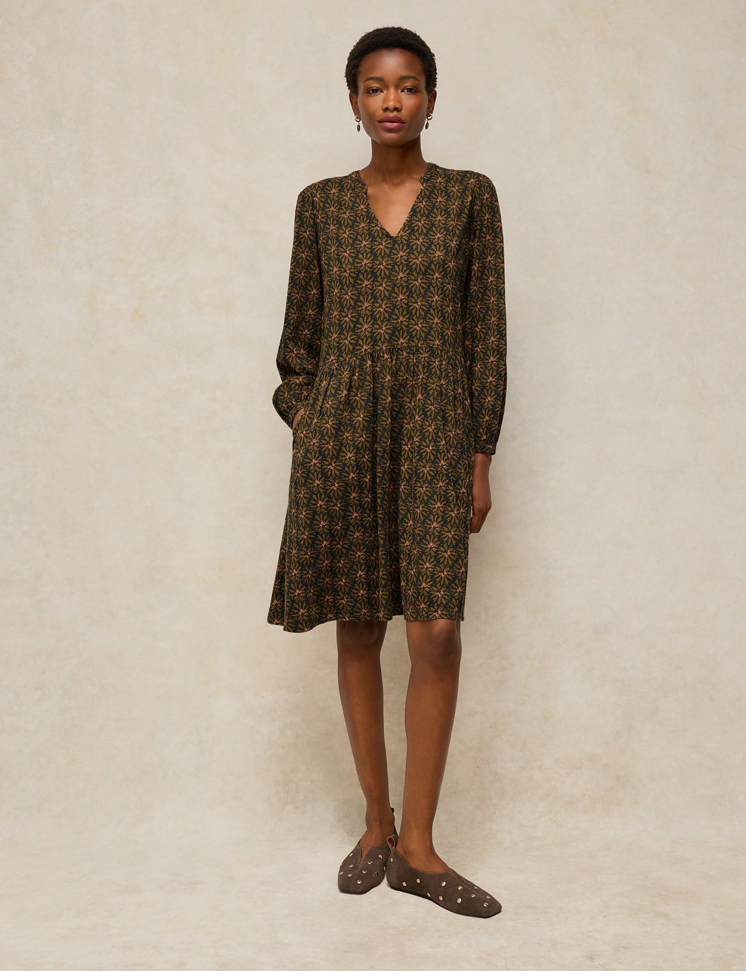 Cotton Blend Patterned Notch Neck Knee Length Dress 1 of 7