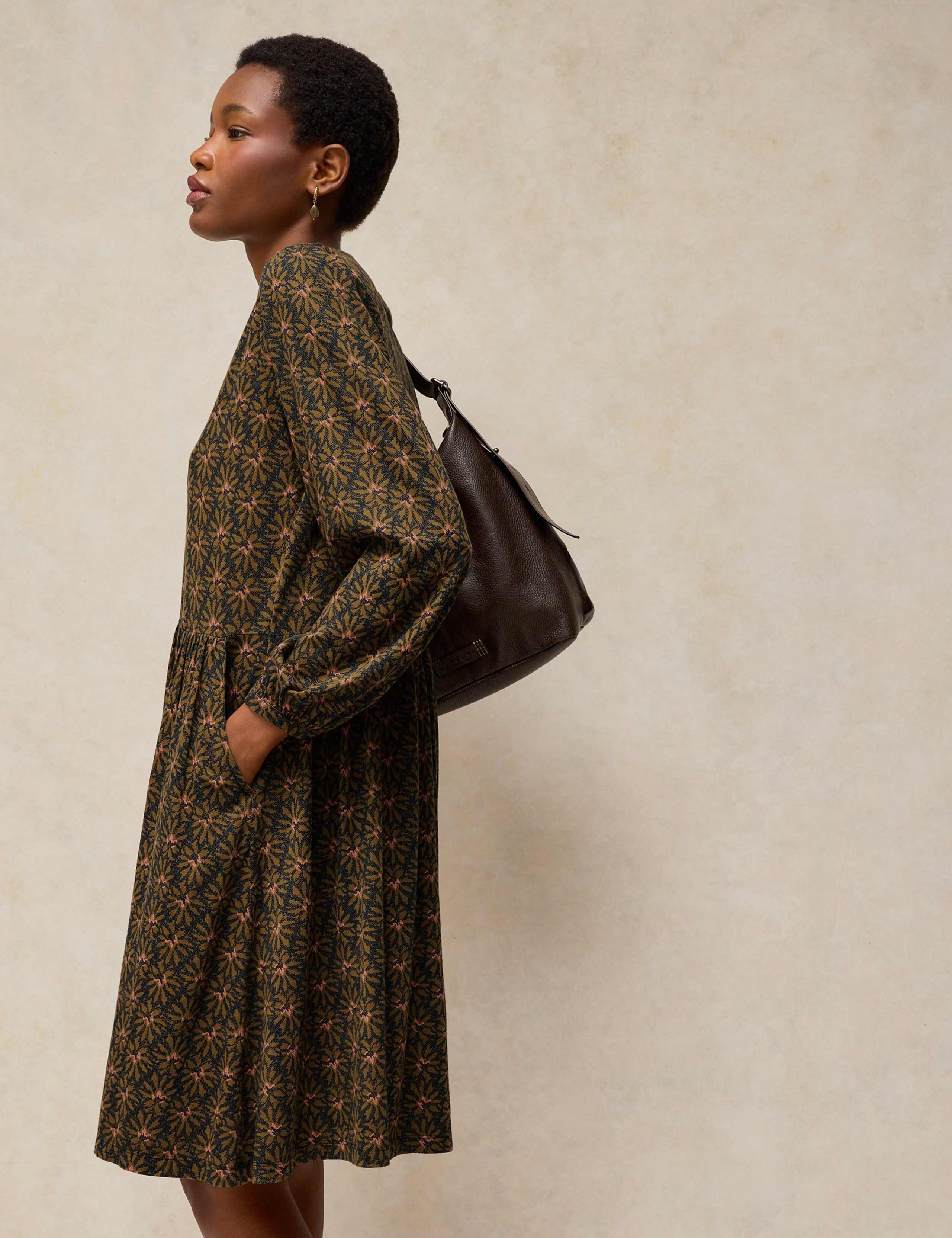 Cotton Blend Patterned Notch Neck Knee Length Dress 5 of 7