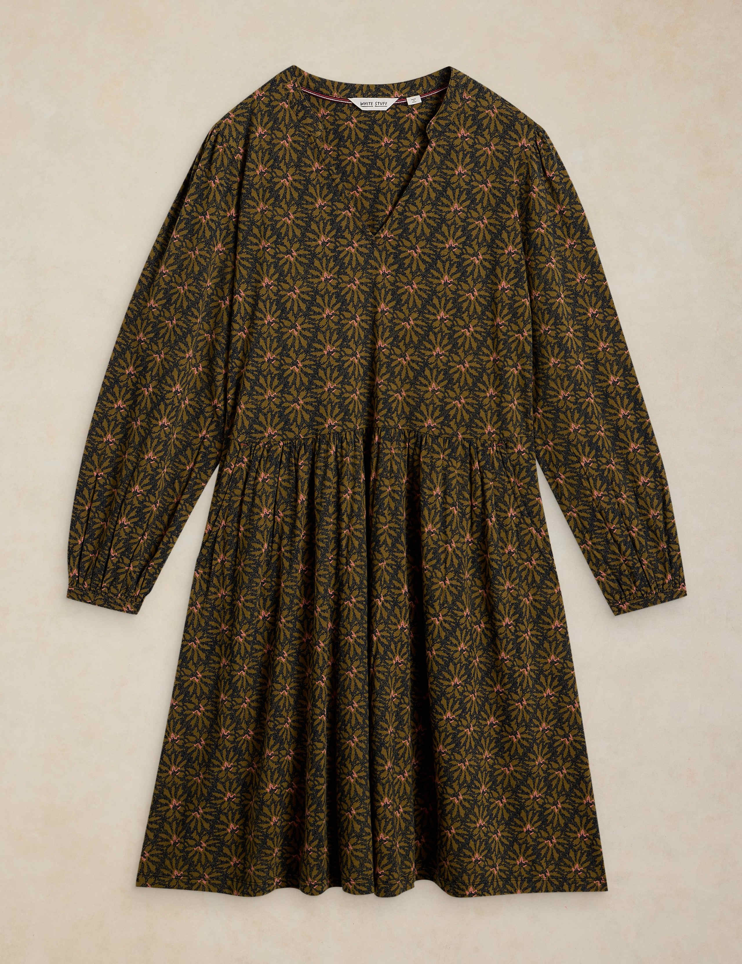 Cotton Blend Patterned Notch Neck Knee Length Dress 2 of 7