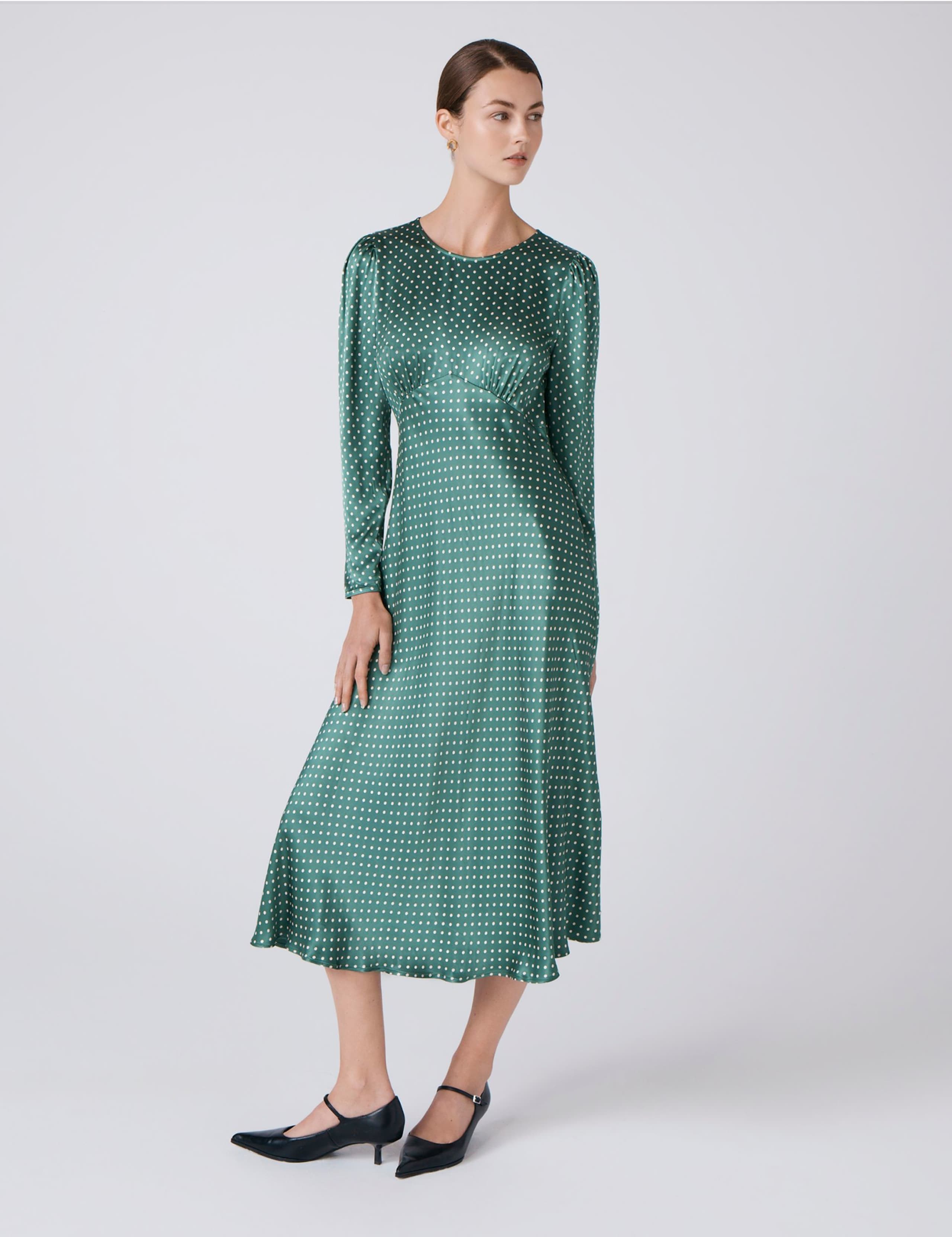 Satin Polka Dot Round Neck Midi Skater Dress 3 of 5