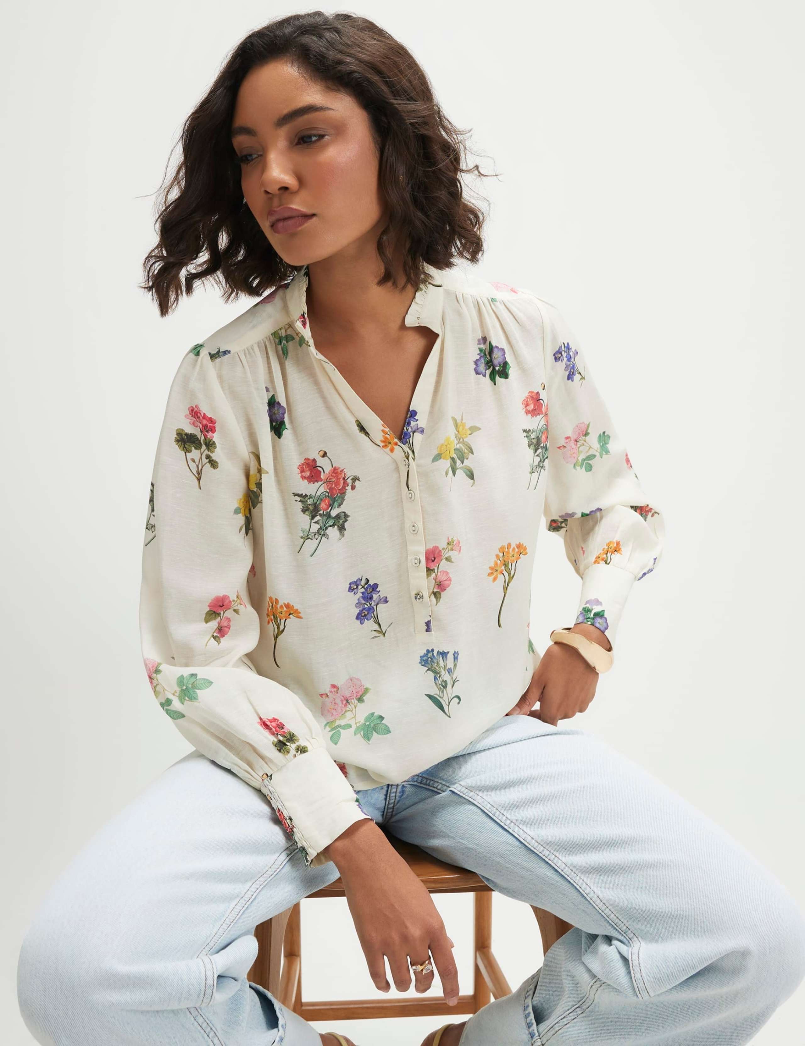 Pure Cotton Floral Frill Neck Blouse 1 of 4