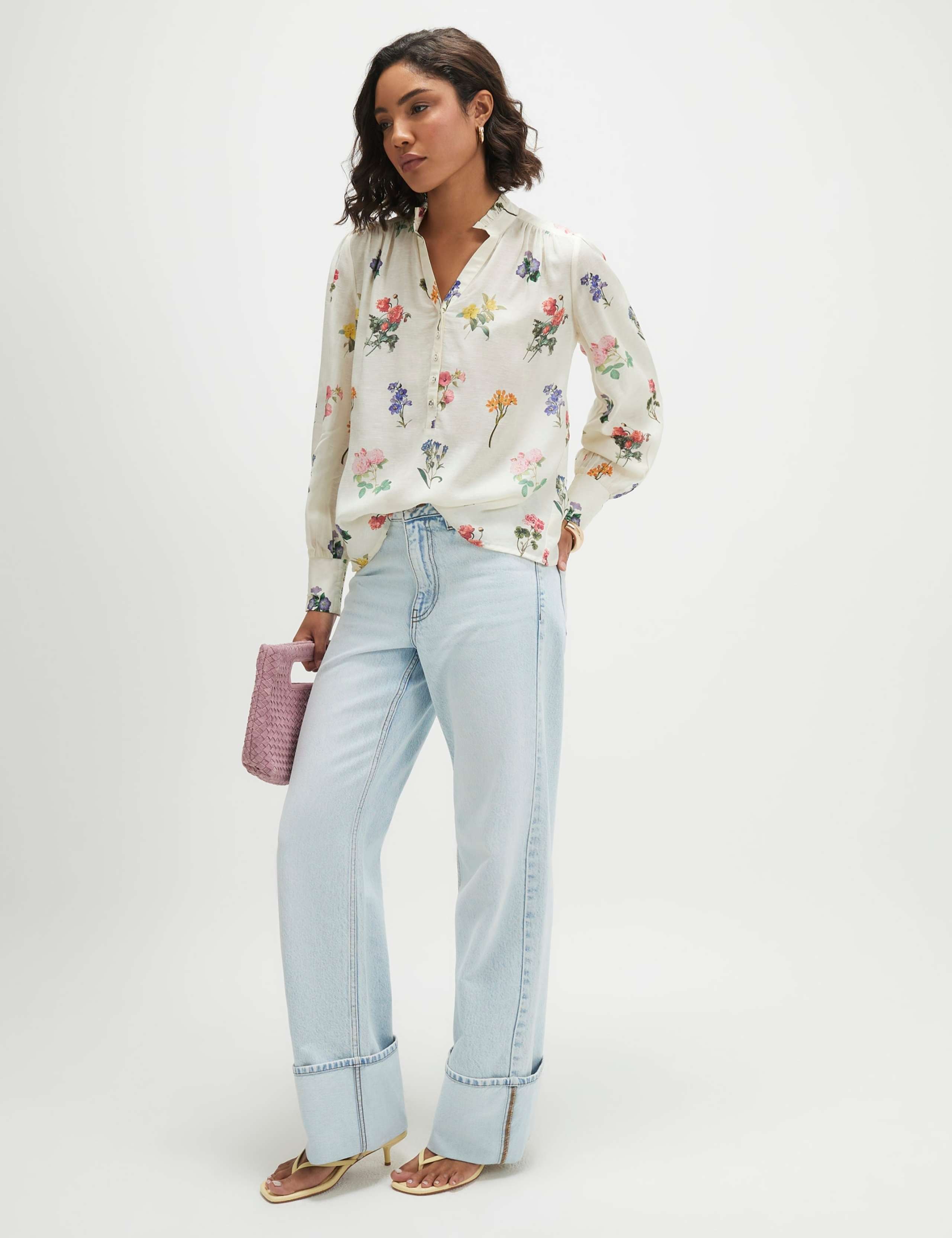 Pure Cotton Floral Frill Neck Blouse 2 of 4