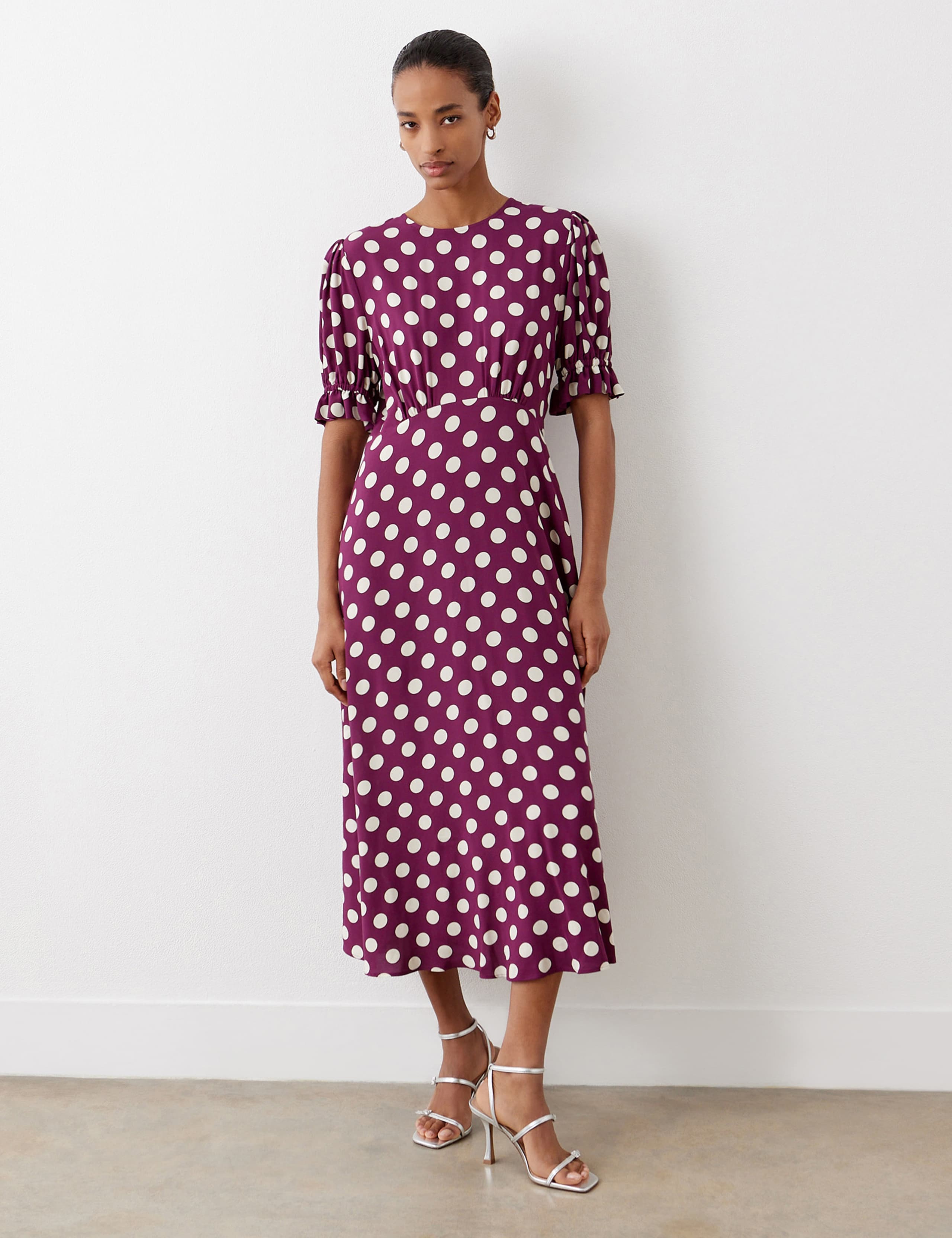 Polka Dot Puff Sleeve Midi Waisted Dress 1 of 4