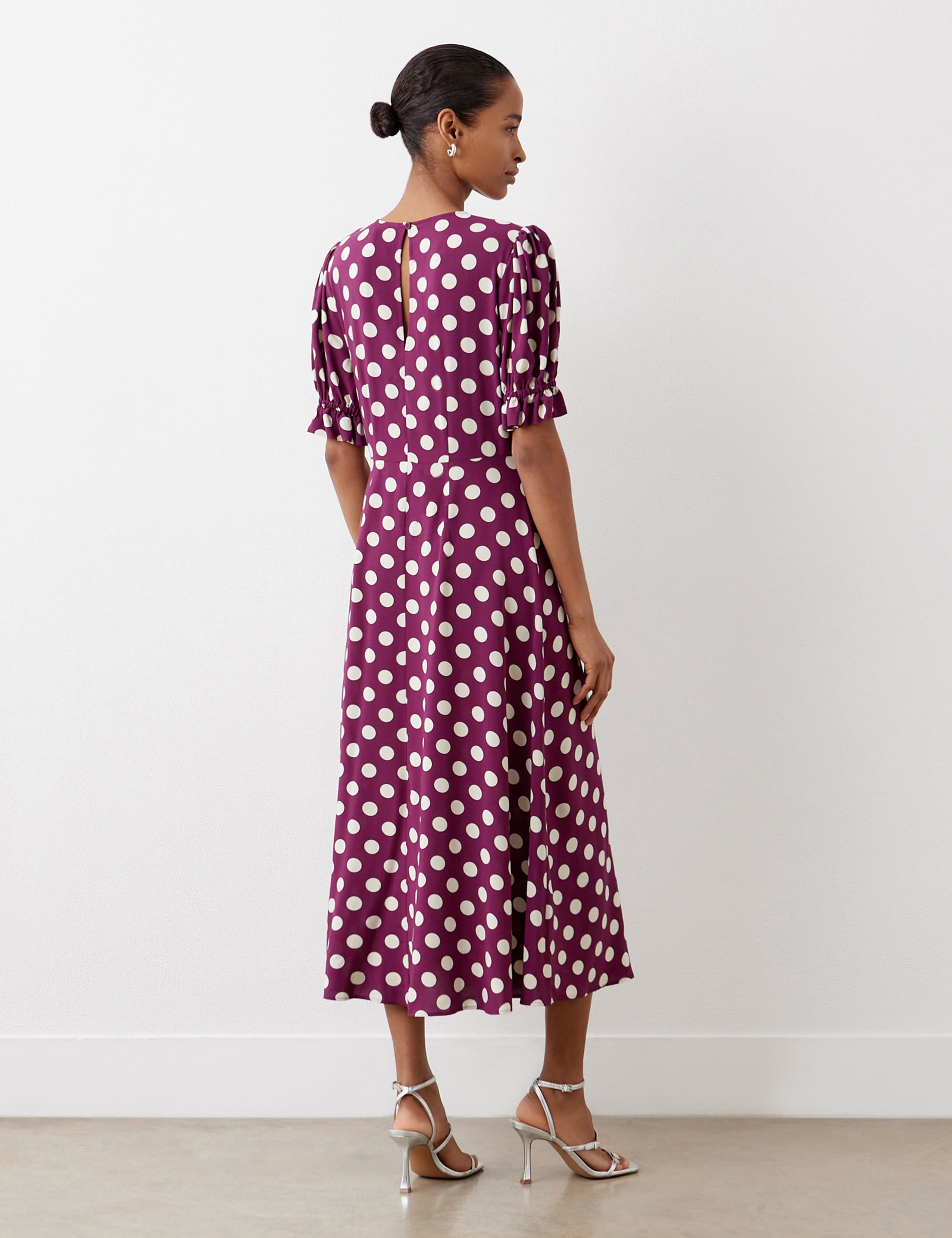 Polka Dot Puff Sleeve Midi Waisted Dress 2 of 4