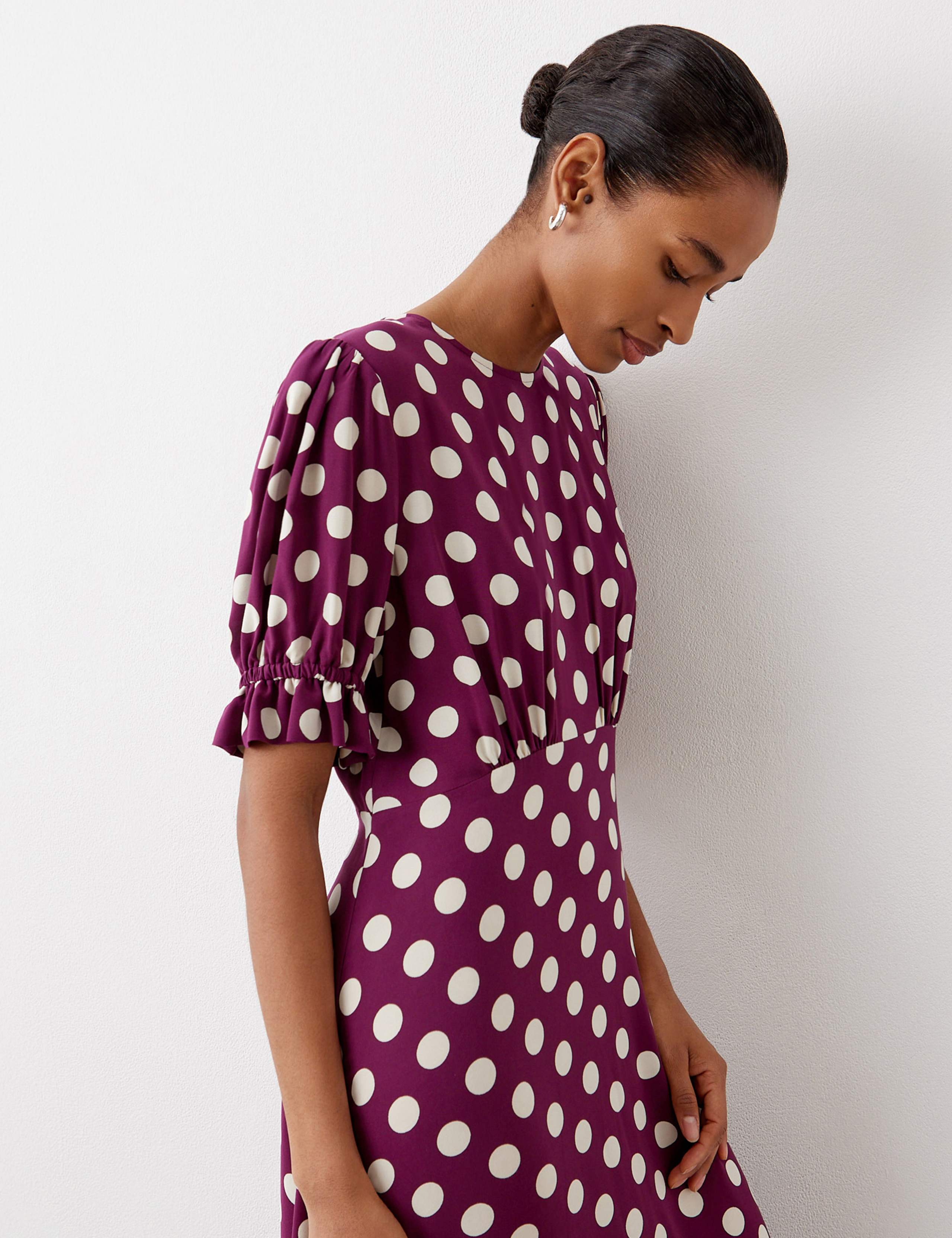 Polka Dot Puff Sleeve Midi Waisted Dress 3 of 4