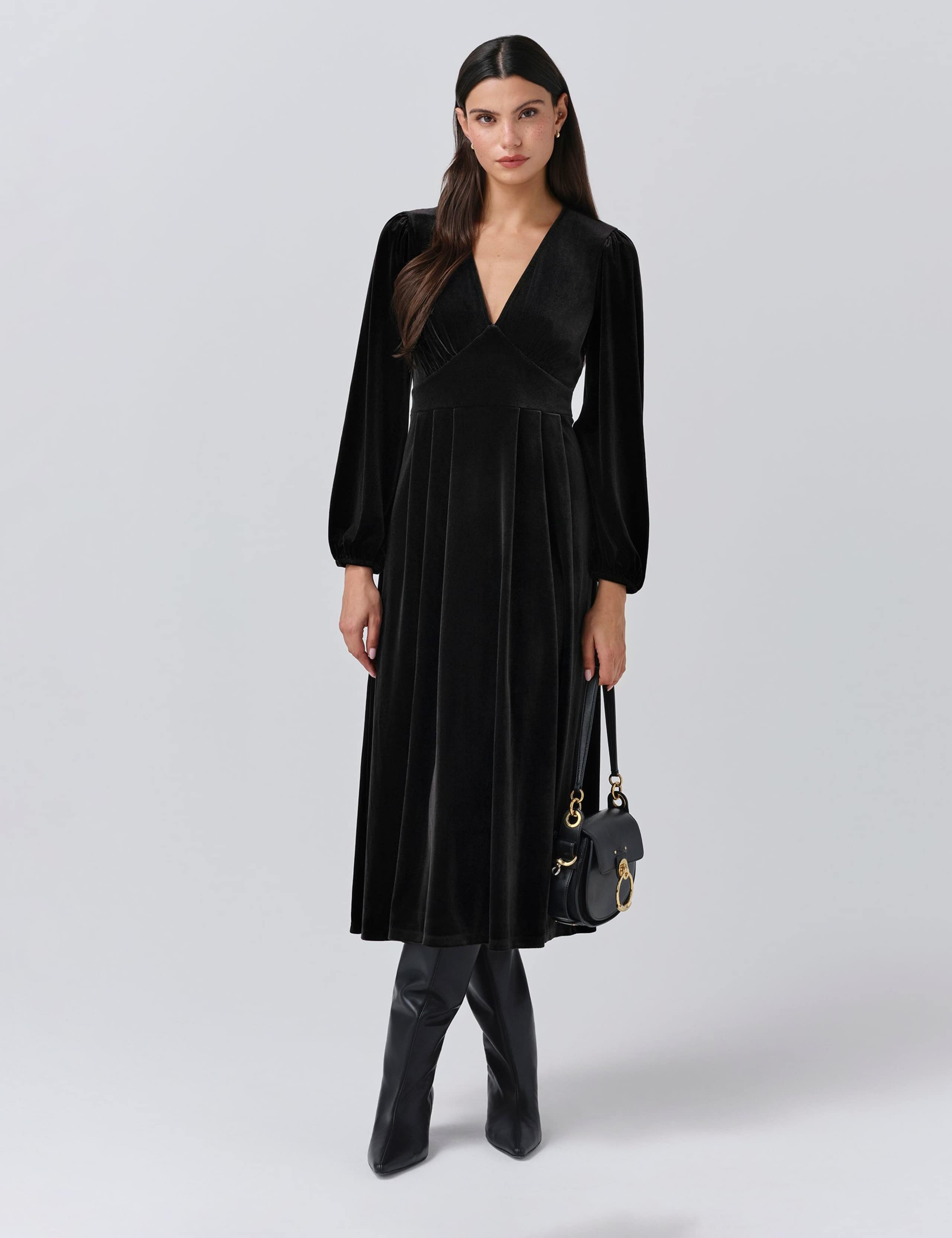 Velvet V-Neck Midi Skater Dress 1 of 5