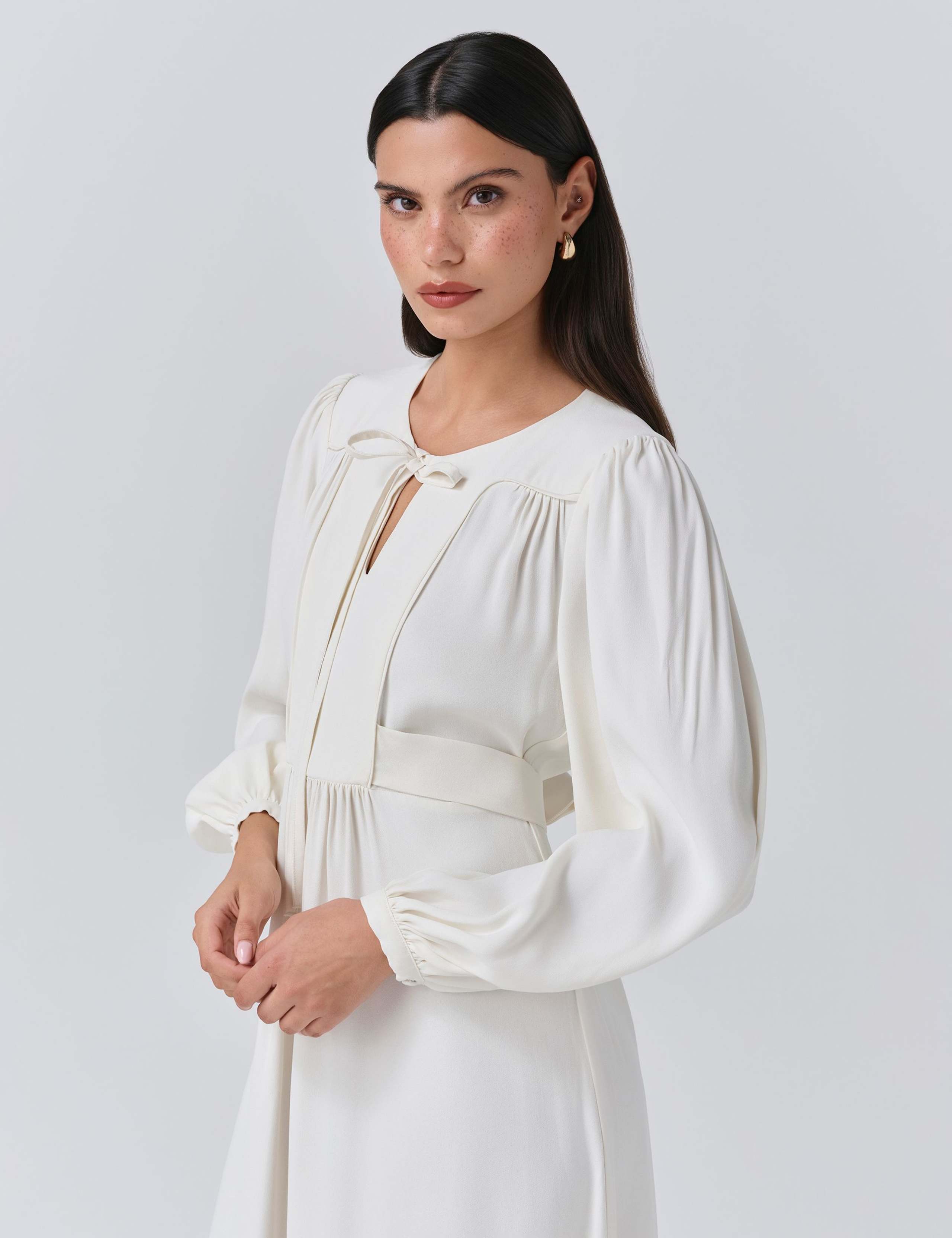 Crepe Tie Neck Midi Smock Dress 5 of 5