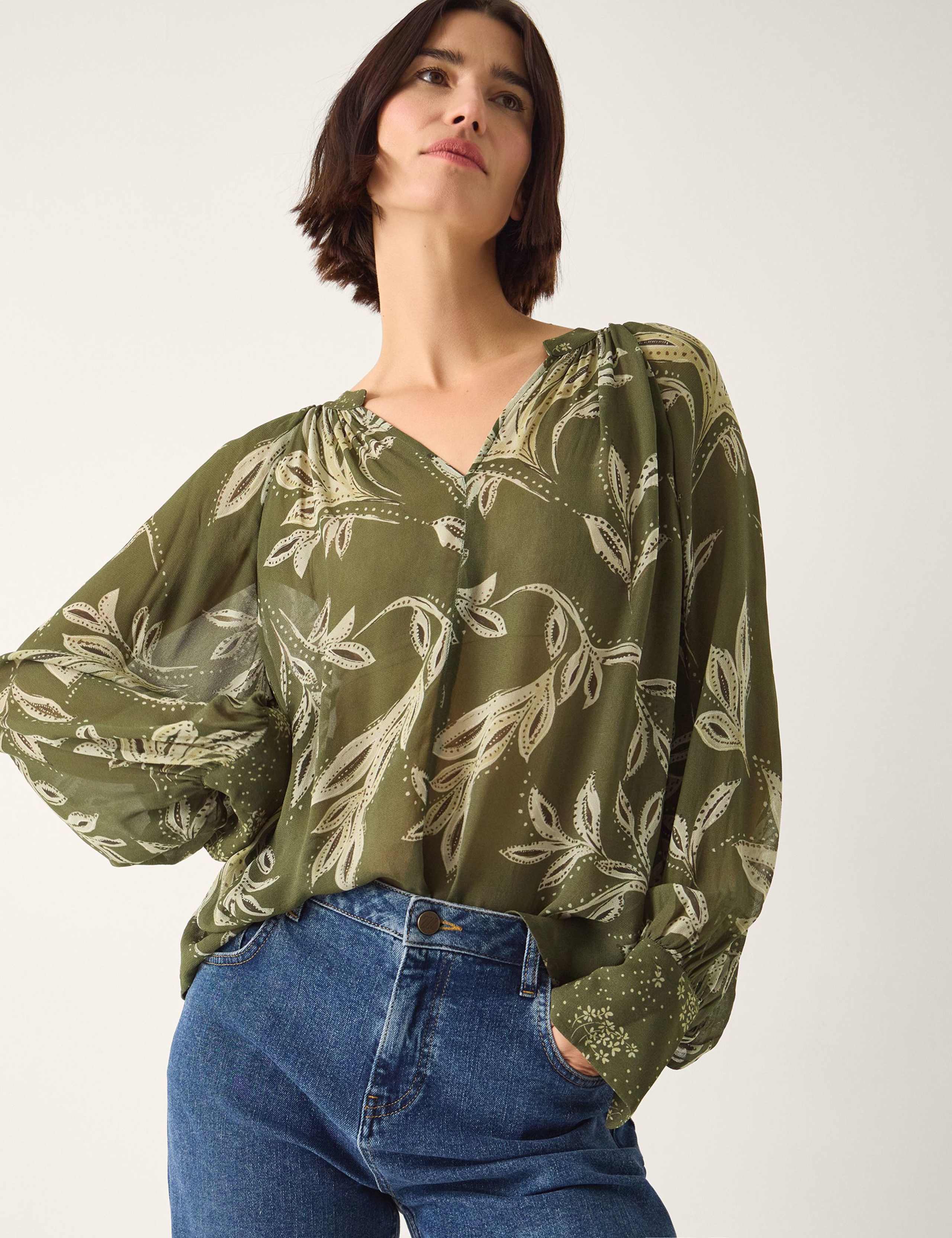 Leaf Print V-Neck Top 1 of 5