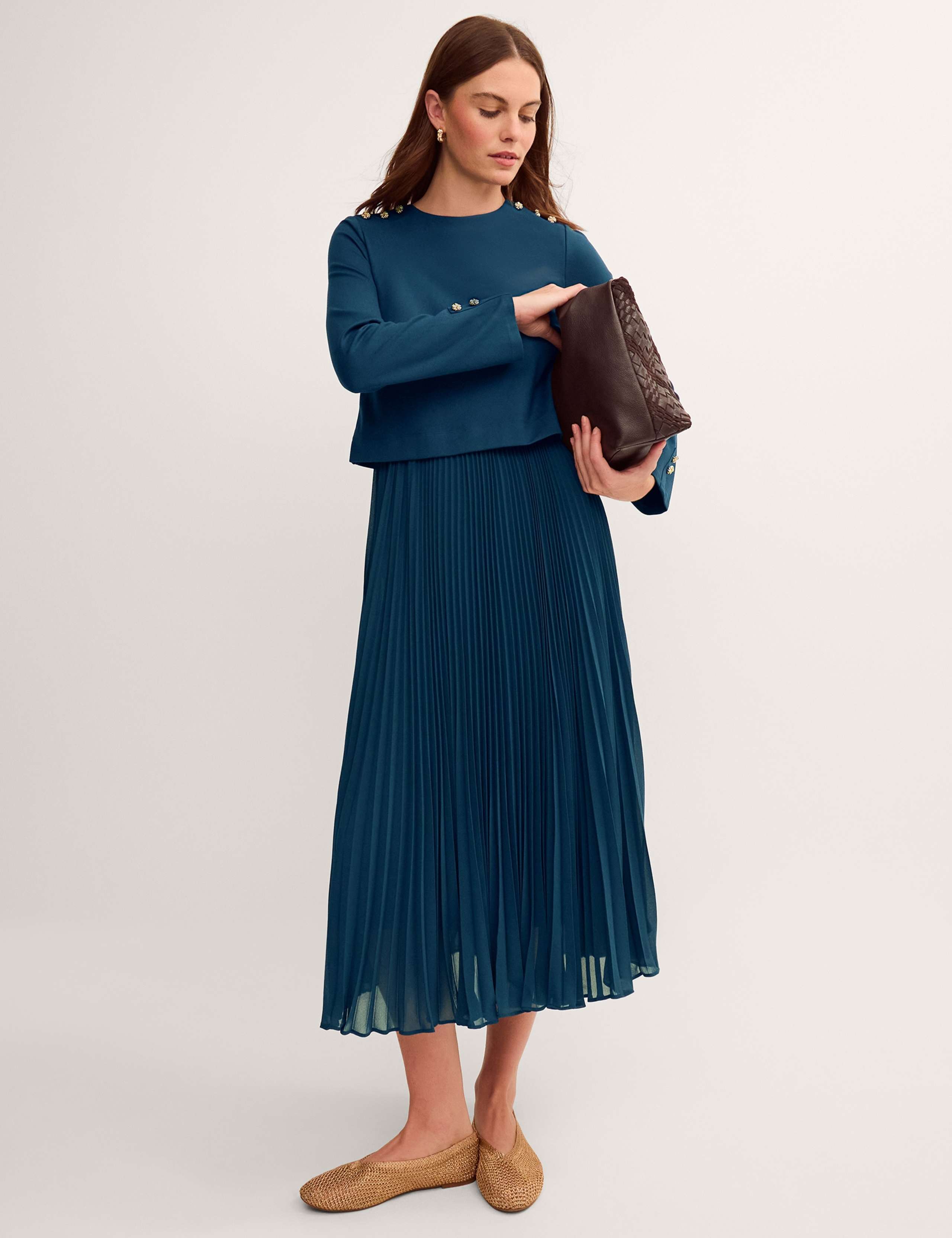 Round Neck Pleated Midi Skater Dress 1 of 4